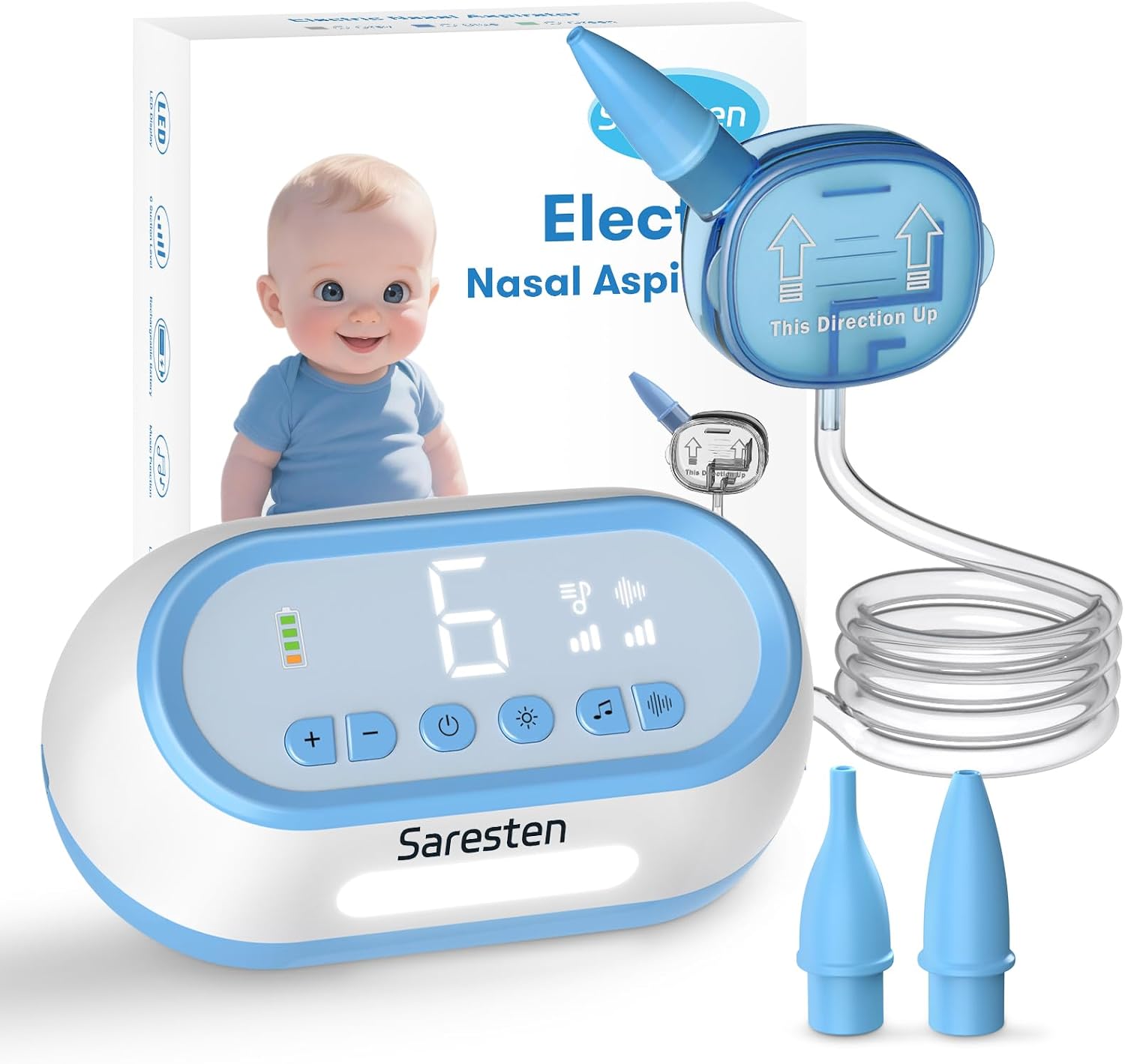 Electric Nasal Aspirator for Baby, Rechargeable Nose Sucker for Baby with 2 Silicone Tips, Adjustable 6 Suction Level, Booger Sucker with Music and Light Function, Blue