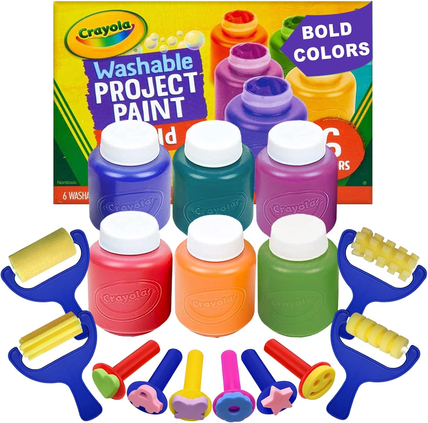 Kids Painting Set, Washable Paint for Toddlers, Paint Sponges Gift Bundle | Art Kit Includes 6 Tempera Paint Bold Colors (2 oz EA), 10 Assorted Sponges Non-Toxic Finger-Painting Craft Supplies