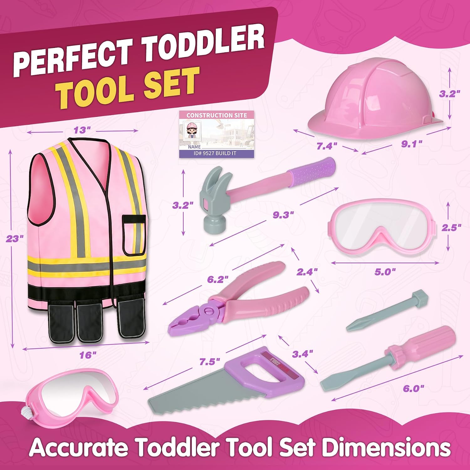 Pink Kids Tool Set with Construction Worker Costume for Girls Ages 3-5 – Toddler Dress Up Clothes, Toy Tools, Hat & Vest, Preschool Toys, STEM Educational Role Play Toys Gift
