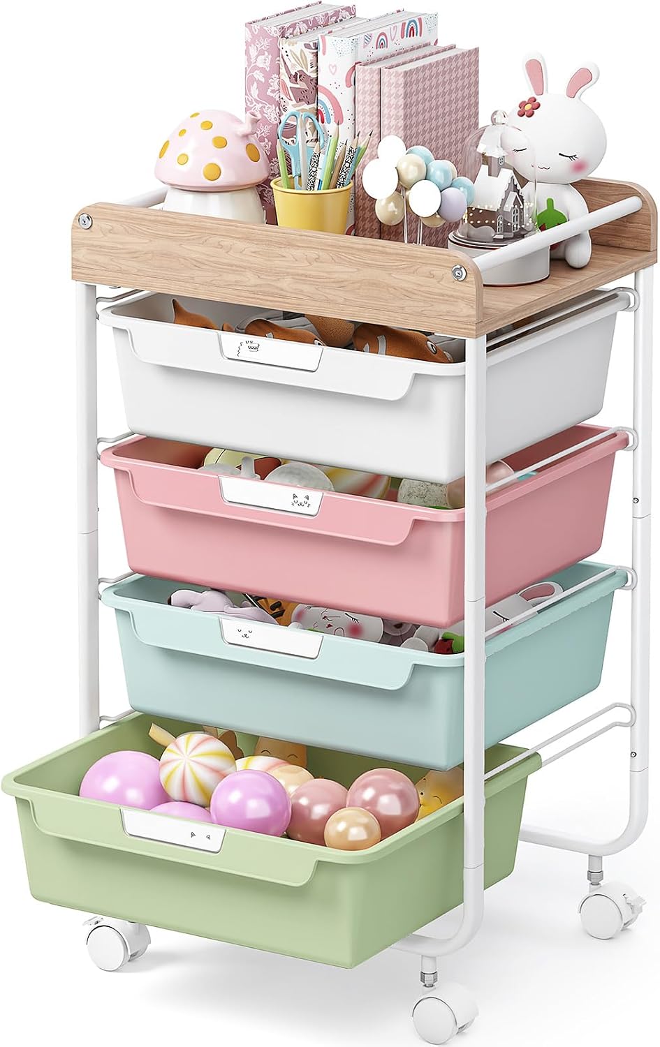 SYKIARIOL Rolling Storage Utility Cart with 4 Drawers,Art Cart,Colorful | Kids Craft Cart,Makeup Organizer and Storage with Wooden Tabletop