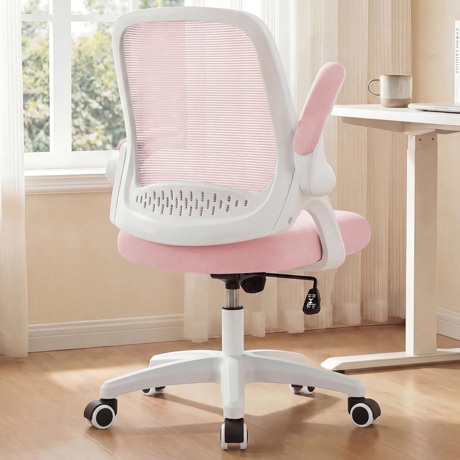 NEO CHAIR Office Desk Chair, Ergonomic Mesh with Flip-Up Armrests, Pink | Lumbar Support, Height Adjustment, 360° Swivel and Rolling Base, Space-Saving Design for Home Office, Vanity or Study