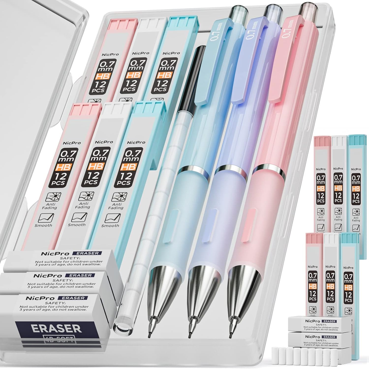 Nicpro 3PCS Cute Mechanical Pencil Set with Case, 0.7 mm Pencils | with 6 Tube HB Lead Refill, 3PCS Eraser, 9PCS Eraser Refill for School Supplies Student Writing, Drafting Drawing Sketching