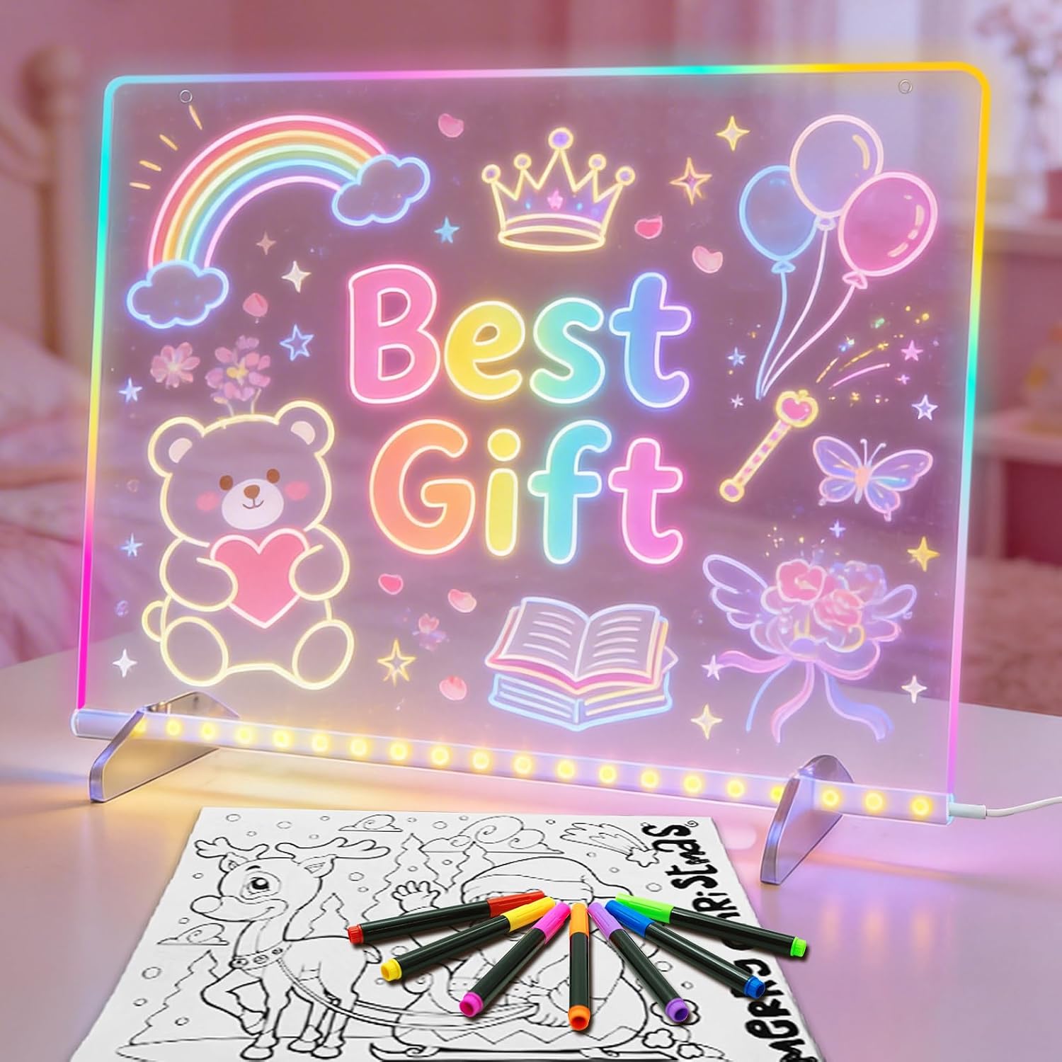 LED Drawing Board Birthday Gift Toy for 5-12 Year Old | 13×10 Inch Light Up Drawing Board, 8 Colors & 6 Light Modes, Includes 7 Markers, Soft Cloth and Hanging Chain