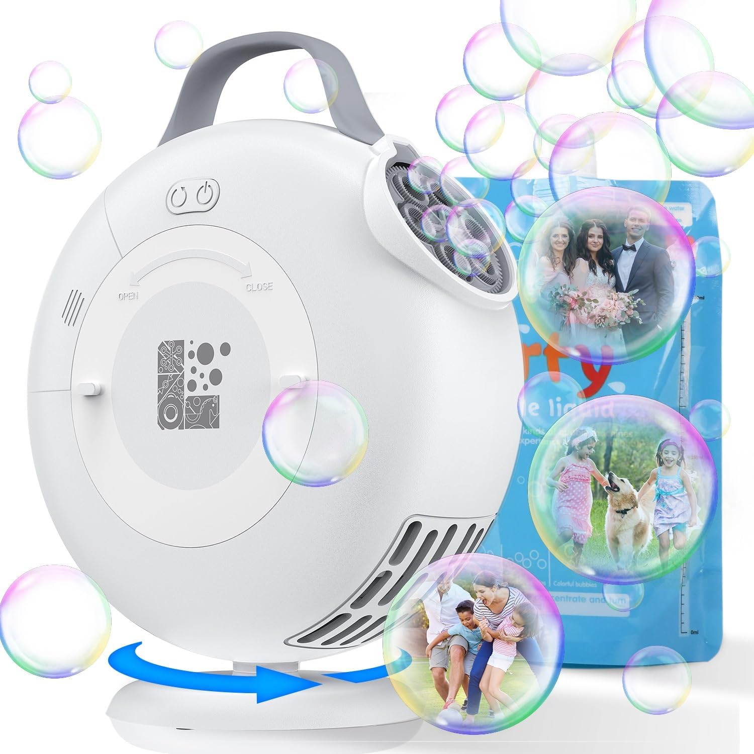 Bubble Machine, Automatic Bubble Blower for Kids Toddlers, 8000+ Bubbles Per Minute, 90° 200° Oscillating Electric Plug-in or Batteries Bubble Maker Toys for Outdoor Birthday Party – White Gray