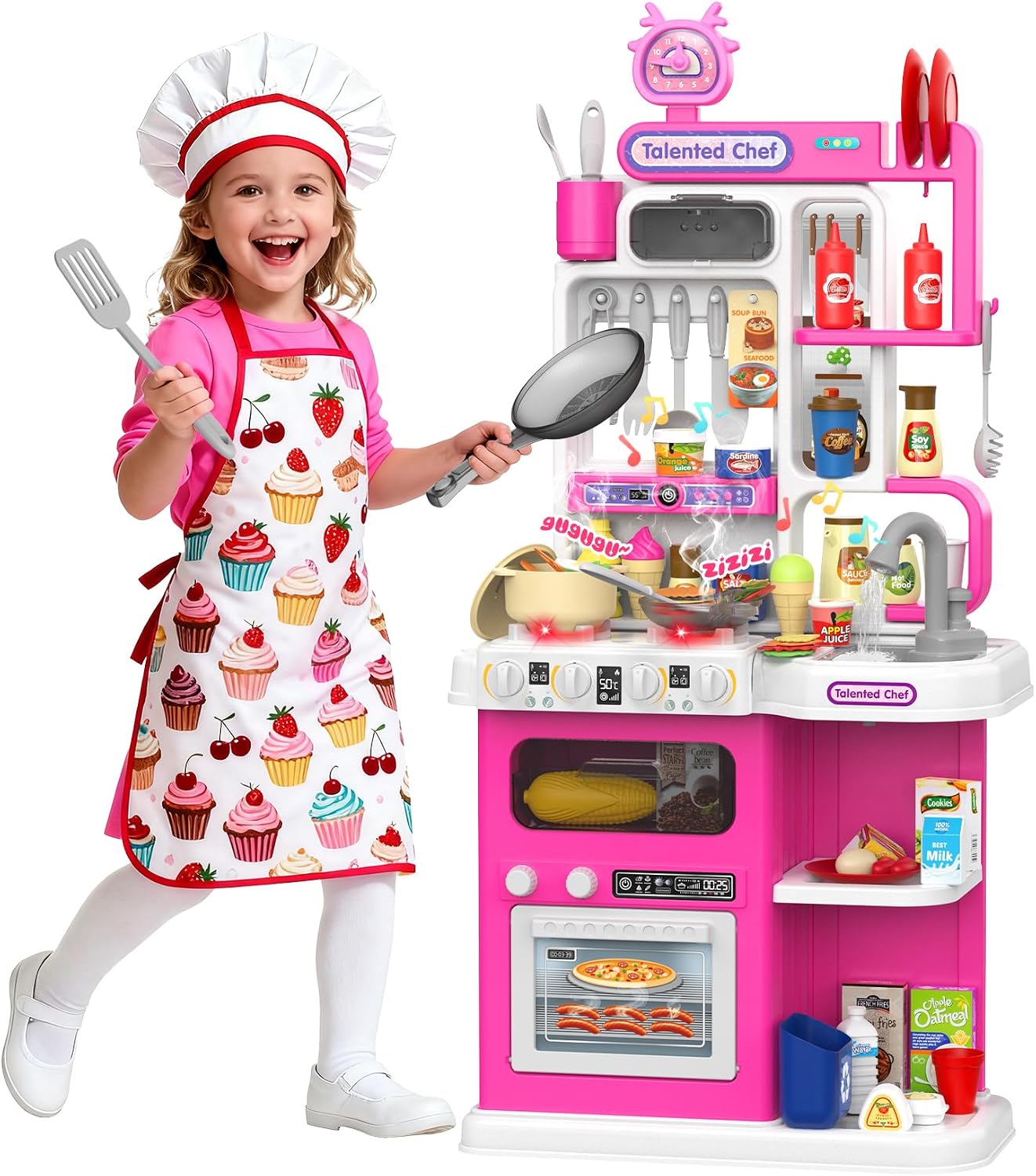36.2 in Kids Kitchen Playset, Play Kitchen for Kids Ages 3-8 with Steam | Toy Kitchen with Sound & Light, Cooking Stove, Play Sink, Oven, Kitchen Set for Girls 3 4 5 6 7 8 (Pink)