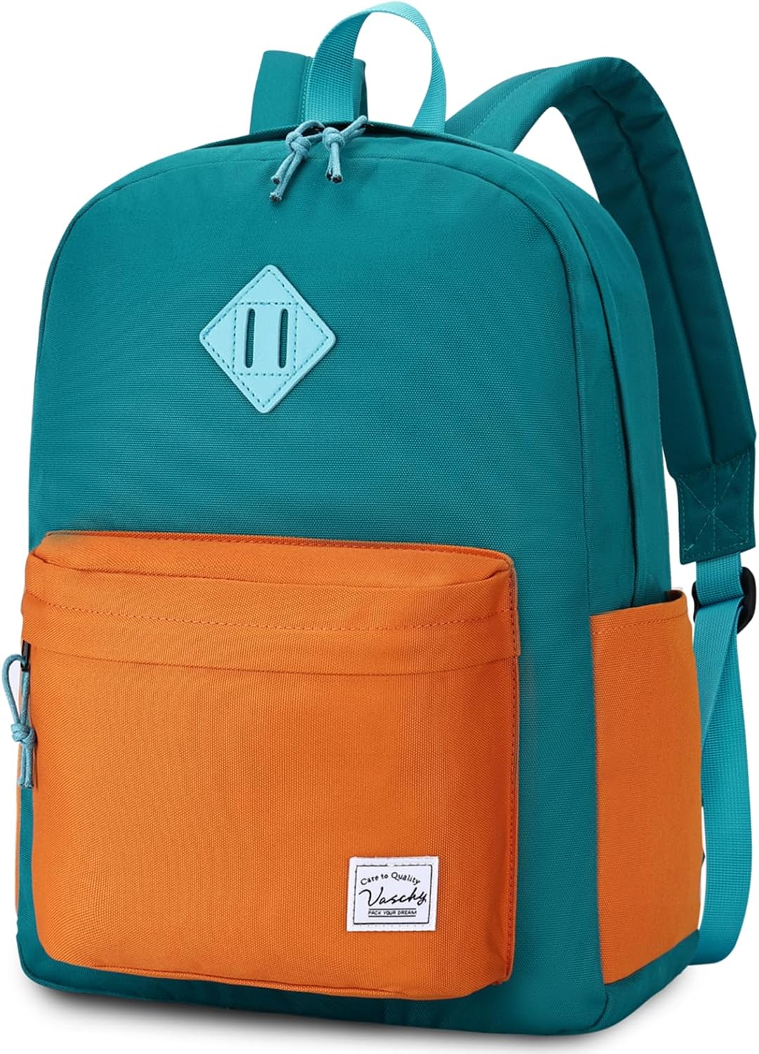 VASCHY Lightweight Backpack for School, Water Resistant Classic Bookbag with Side Pockets for Boys,Girls Kids,Teens Lake Green Tangerine