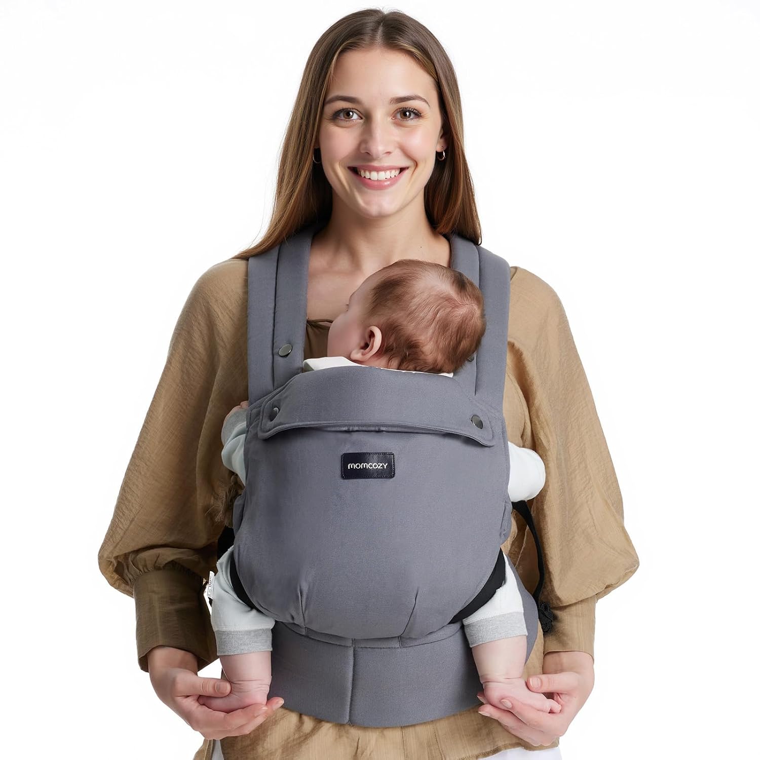 Momcozy PureHug Baby Carrier – Ergonomic, Cozy and Lightweight for 7-45 lbs | Easy to Put On, IHDI Hip-Healthy, 3D EVA Lumbar Support, X-Straps for Even Weight Distribution, 100% Cotton, Grey