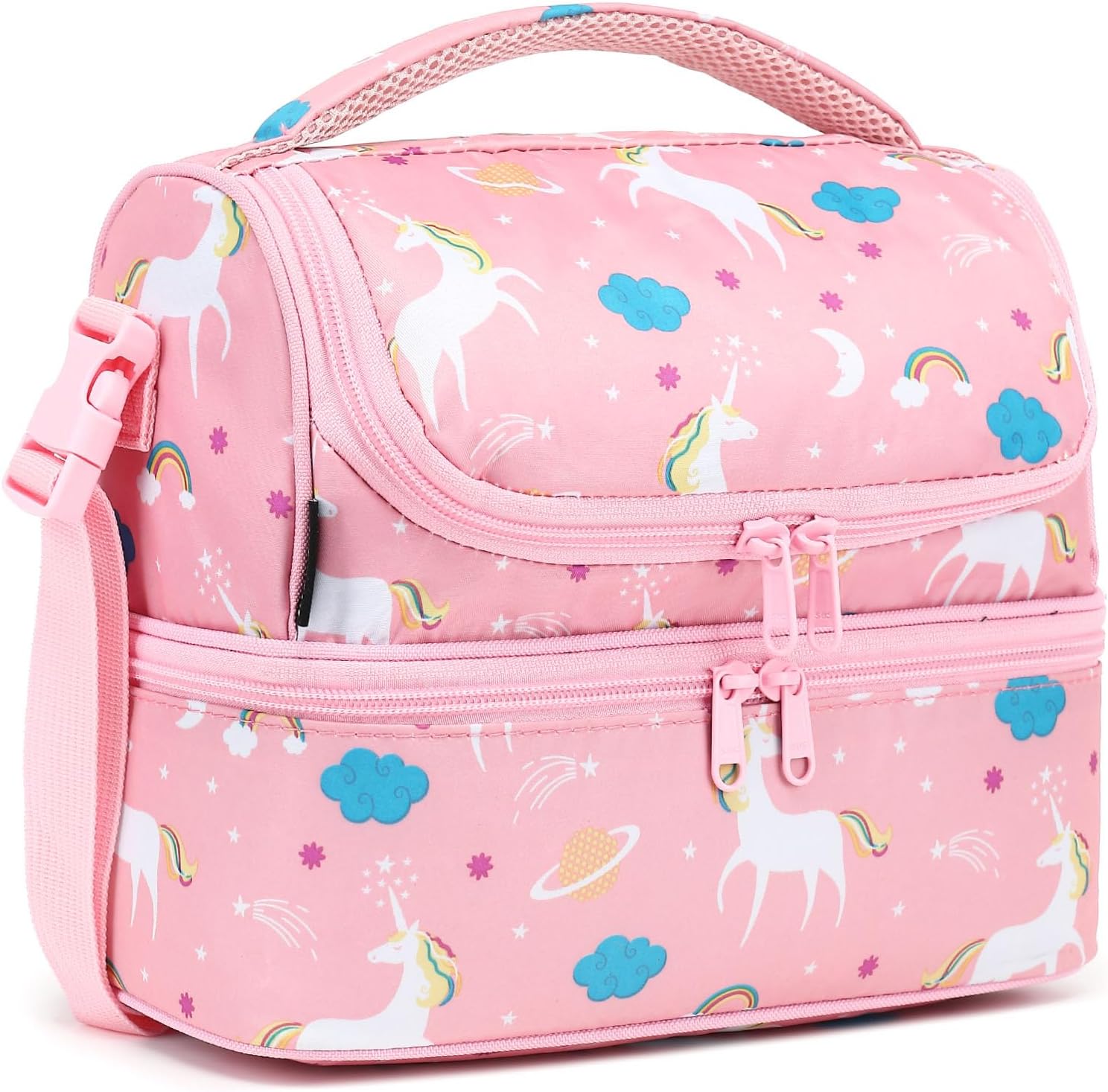 FlowFly Kids Double Decker Cooler Insulated Lunch Bag Large Tote for Boys, Girls, Men, Women, With Adjustable Strap, Unicorn