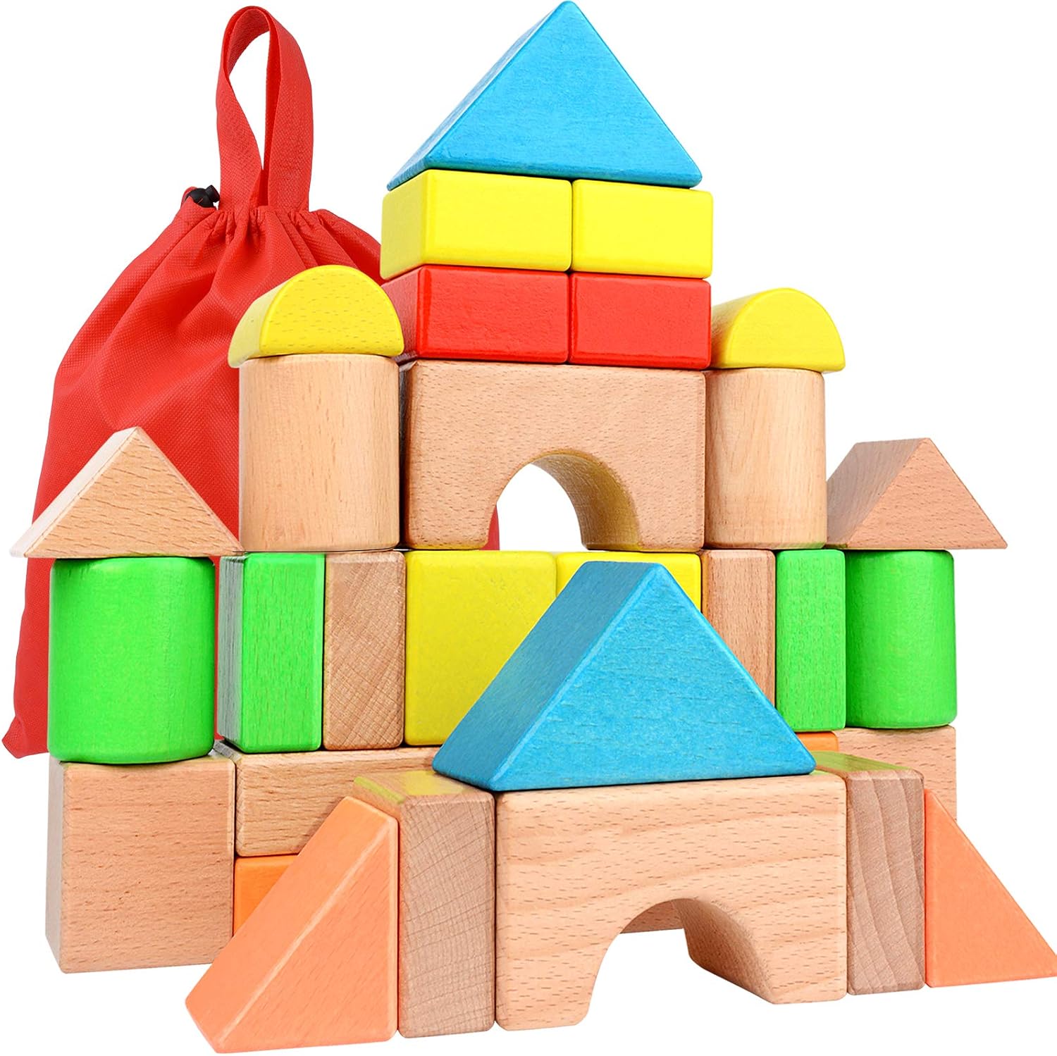 Migargle Large Wooden Building Blocks Set – Educational Preschool Stacking Toys with Storage Bag, Toddler Gifts for Boys Girls Ages 3+