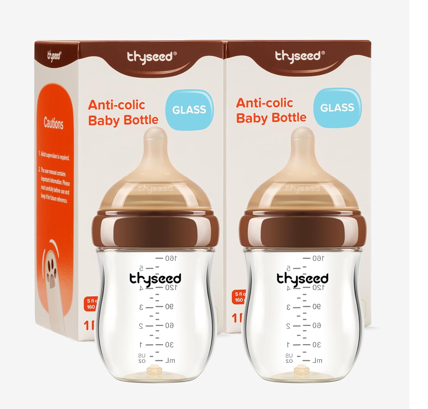 Thyseed Anti-Colic Glass Baby Bottle for Breastfed Infants, Natural Feeding, Breast-Like Newborn Medium Flow Nipple (2m+), 5 oz, 2 Pack