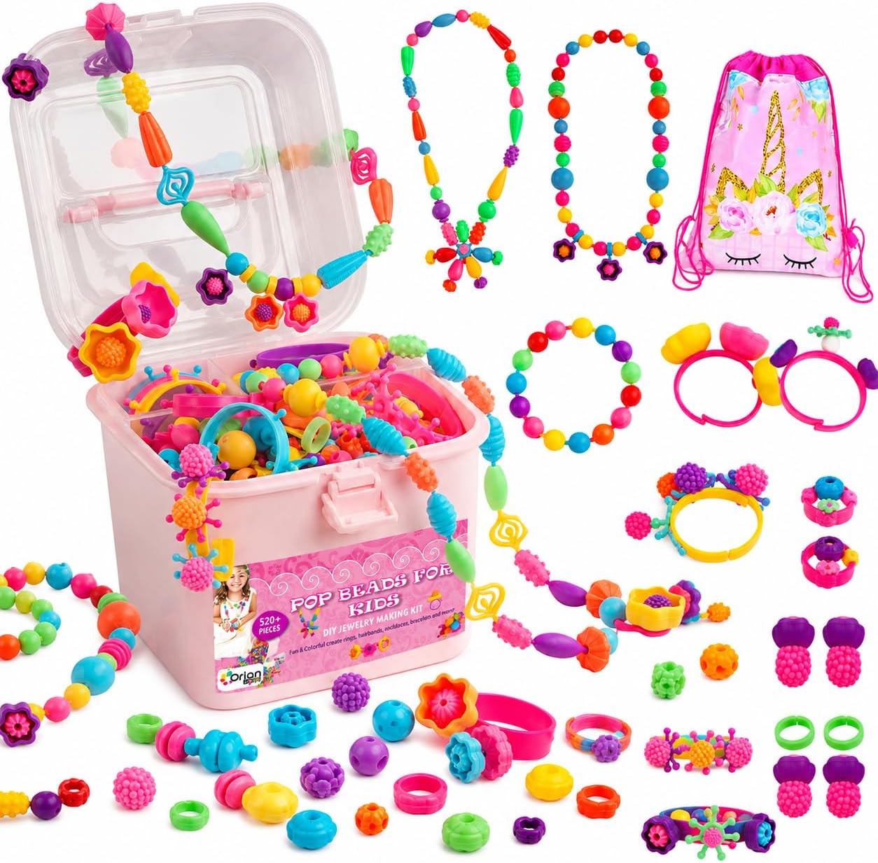 Orian Jewelry Making Kit for Girls, 520+ Pop Beads, Bracelet & Necklace | Kids bracelet making kit for girls and necklace making kit with colorful snap beads, rings, unicorn storage bag and craft set