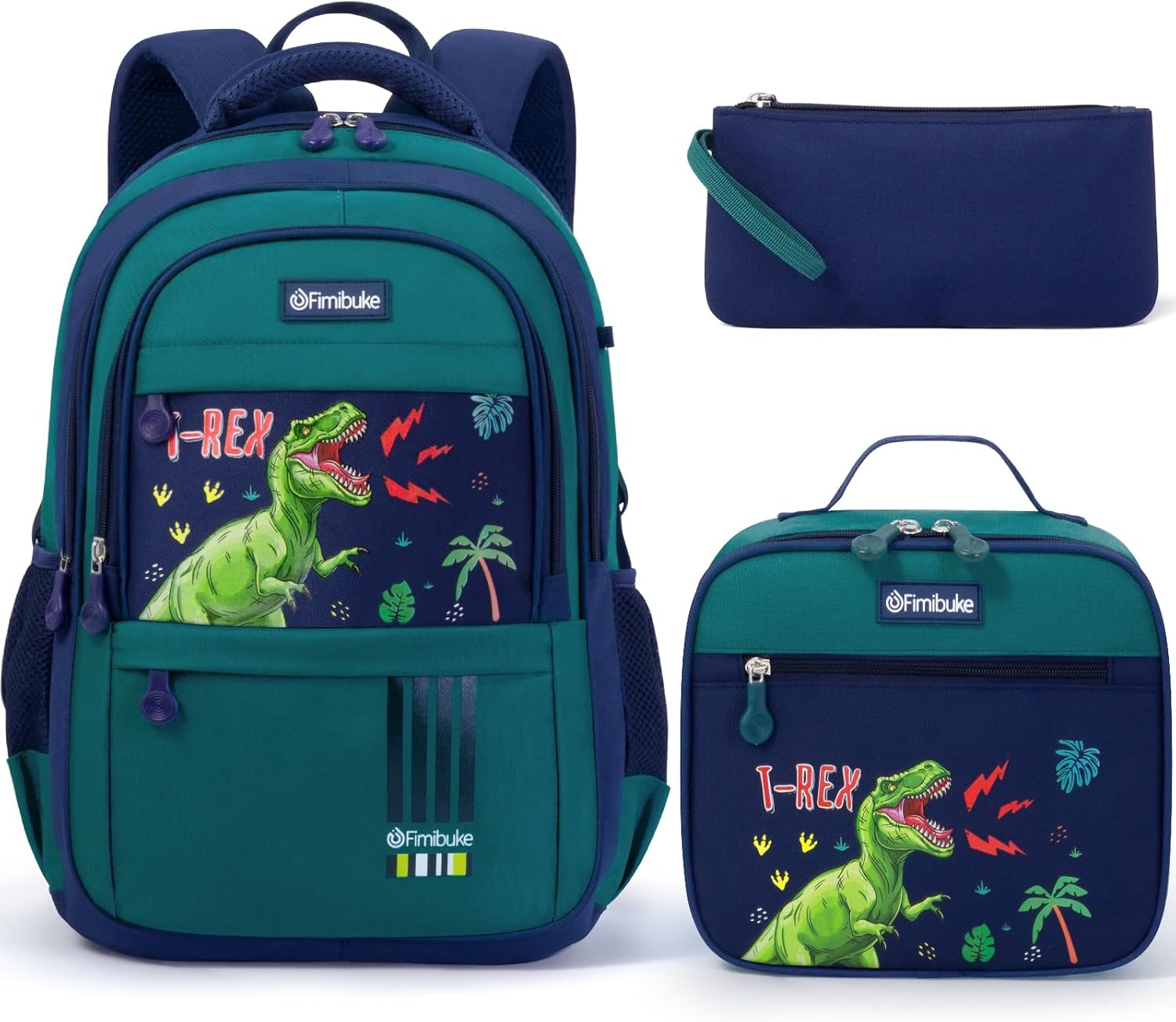 Fimibuke Kids Backpack for Boys, 3 PCS Dinosaur Backpack w/Lunch Box Set | Waterproof Boys Bookbag Lunch Box Combo for Toddler Kids Age 5-12 , Dino School Bag for Kindergarten to Middle Back to School