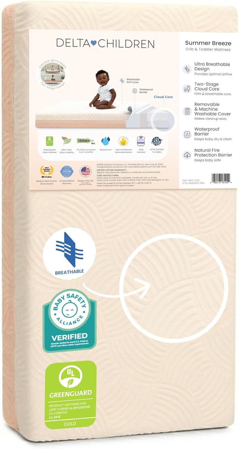 Delta Children Summer Breeze Mattress – Breathable Baby Crib & Toddler Mattress with Cloud Core – Machine Washable Cover – GREENGUARD Gold – Waterproof – Sustainably Sourced Core, Apricot/White