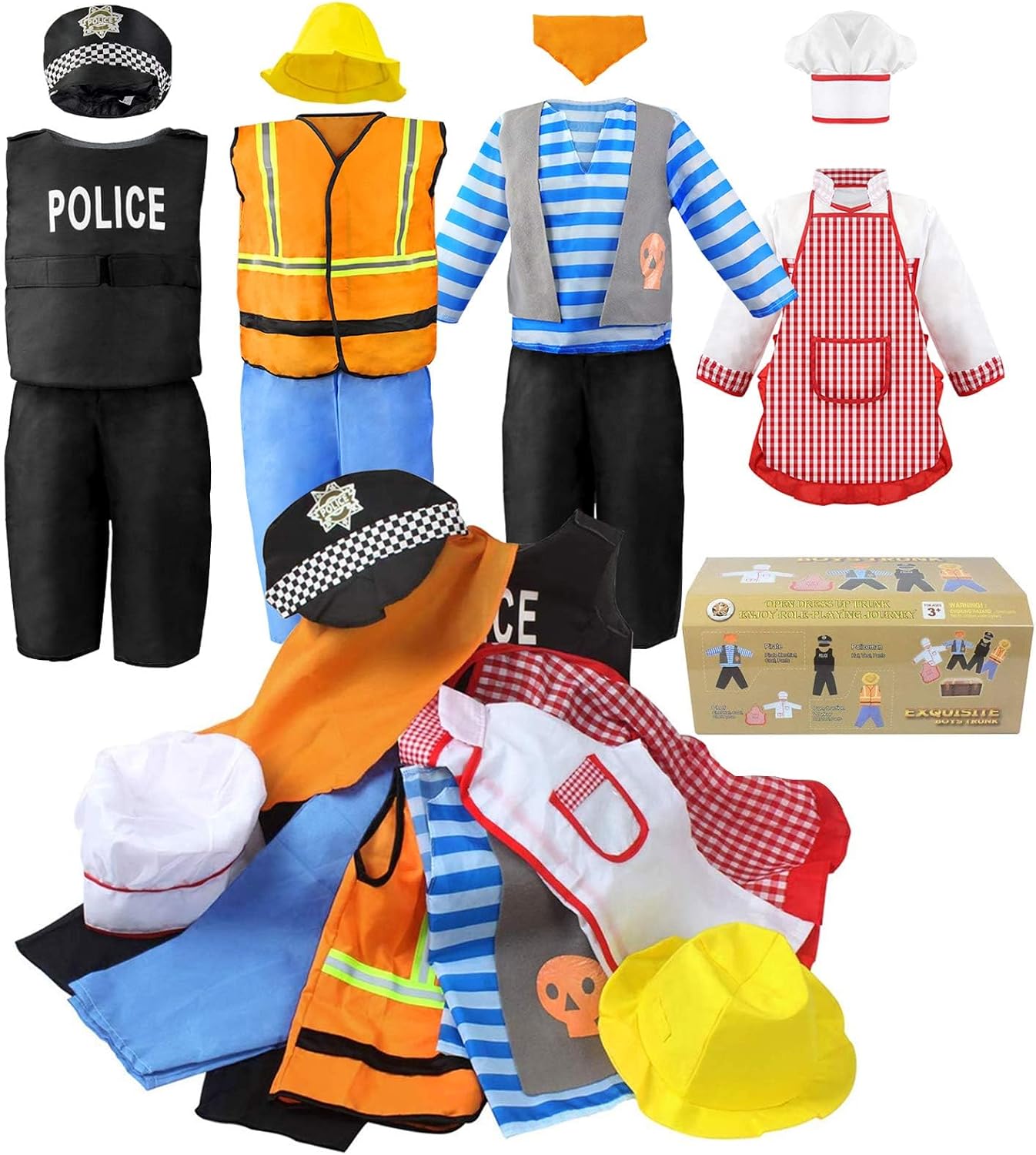 Boy’s Dress Up Costumes Set, Kids Role Play Set 11pcs Dress Up Trunk | Pirate, Chef, Construction Worker, Policeman Costume For Kids Girls Toddler Age 3 4 5 6 Christmas Birthday Gift Jeowoqao