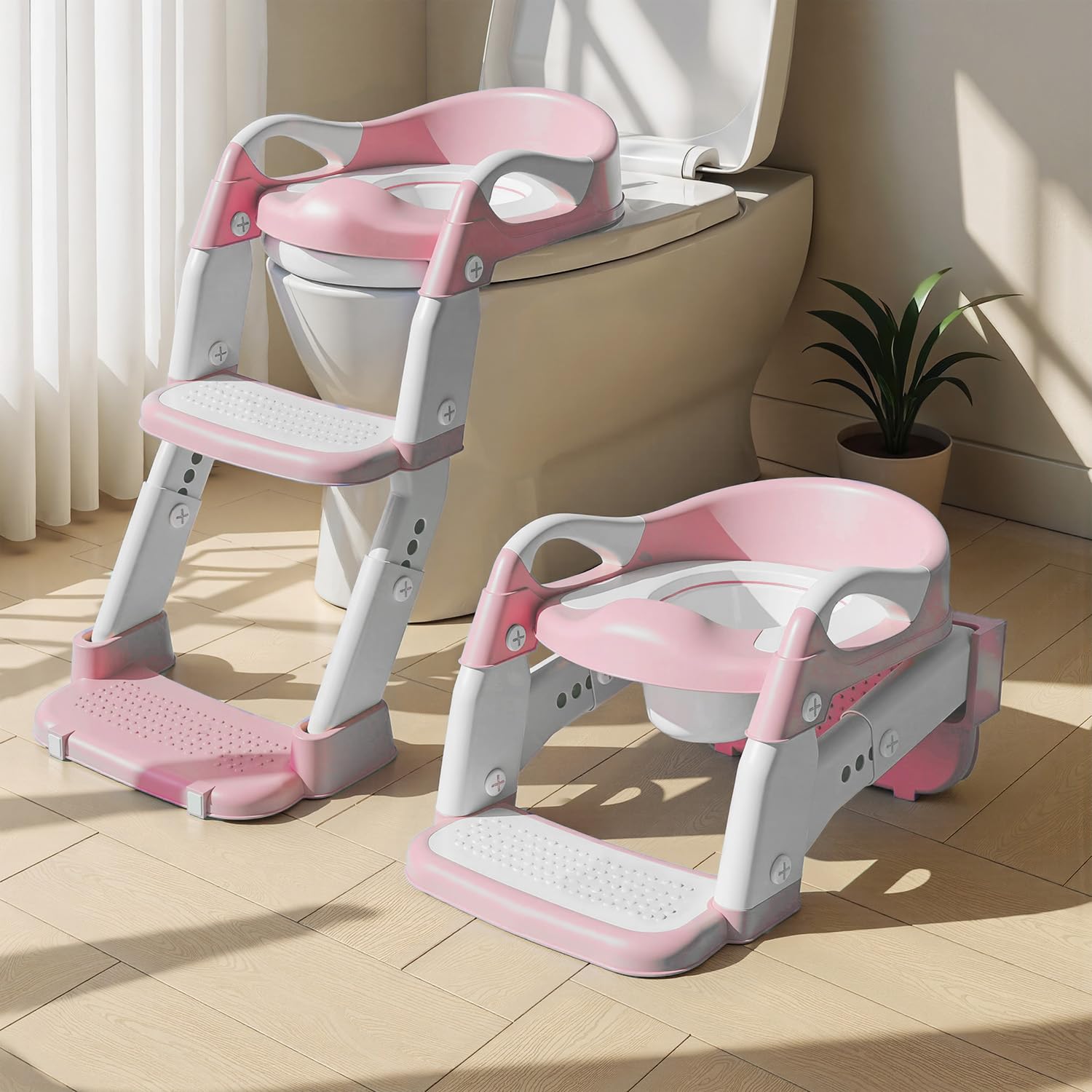 3-in-1 Potty Training Seat & Training Toilet & Potty Chair, Height AdjustableToddler Toilet Seat for Kids, Foldable Potty Training Toilet with Splash Guard & Anti-Slip Steps (Pink)