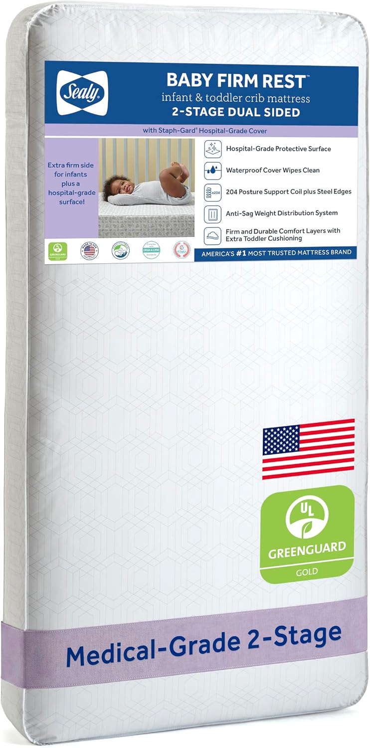 Sealy Baby Infant & Toddler Crib Mattress, Firm Rest 2 Stage, 204 Coils, Waterproof Breathable, Non Toxic, GREENGUARD GOLD Certified, Made in USA, 52×28