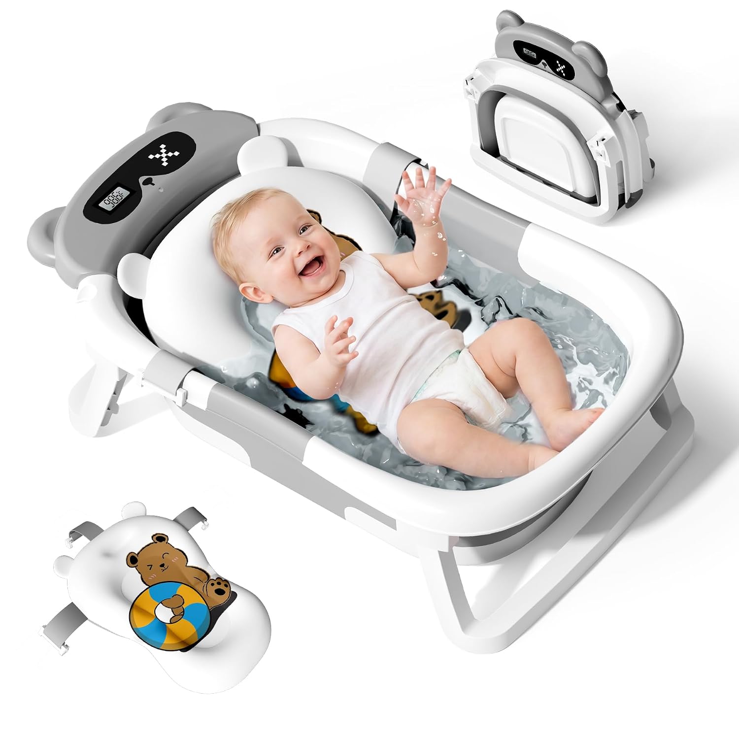 Collapsible Baby Bathtub for Newborn to Toddler (0-18 Months) – Foldable Baby Bath Tub with Soft Towel, Newborn& Infant Bathtub for Travel and Outdoor, Grey