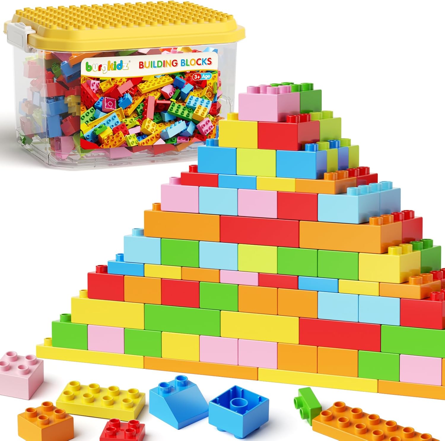 burgkidz Classic Building Compatible Toddlers: 150PCS Jumbo Blocks & Base | STEM educational toy for toddlers 3+ years. Clear storage box with baseplate lid. Compatible with major building systems