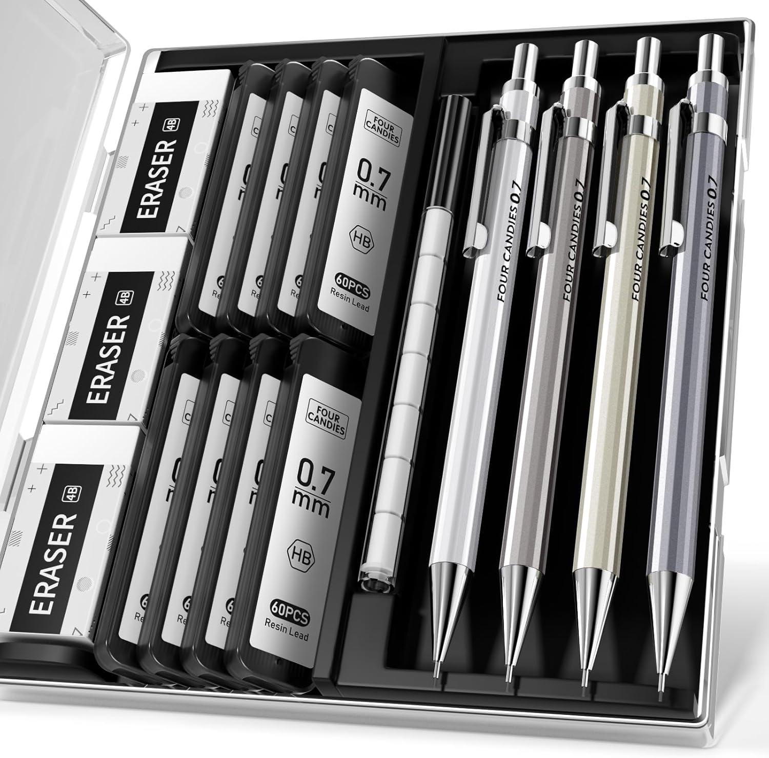 Mechanical Pencil Set, 0.7mm 4-Pack with Case, Metal Body, Medium Point | 480 Leads, 3 Erasers+9 Refills, For School Writing, Sketching, Art Drawing & Professional Drafting