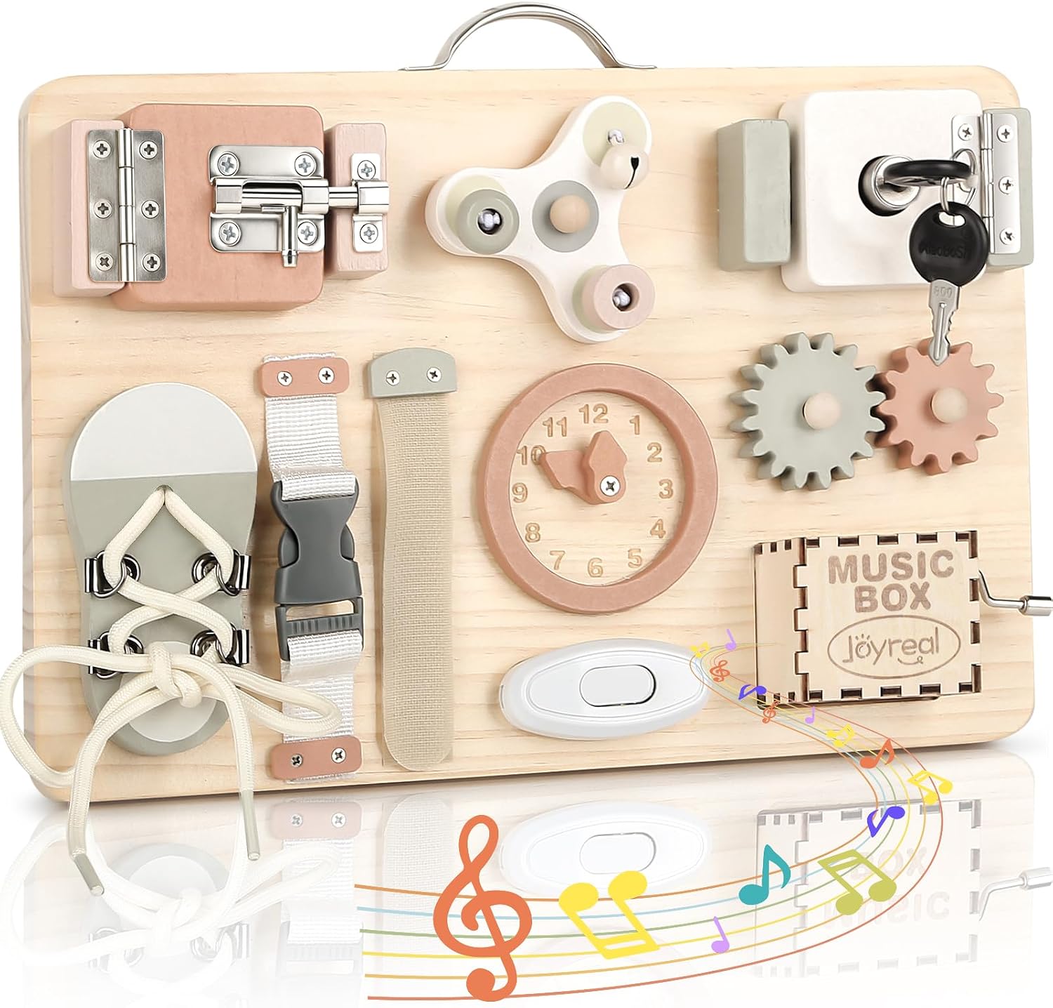 Joyreal Wooden Busy Board for Toddlers, Montessori Toys for 1 2 3 Year Old, Sensory Activity Board with Music Box & 12 Motor Skill Activities, Educational Travel Toys Gift for Boys Girls