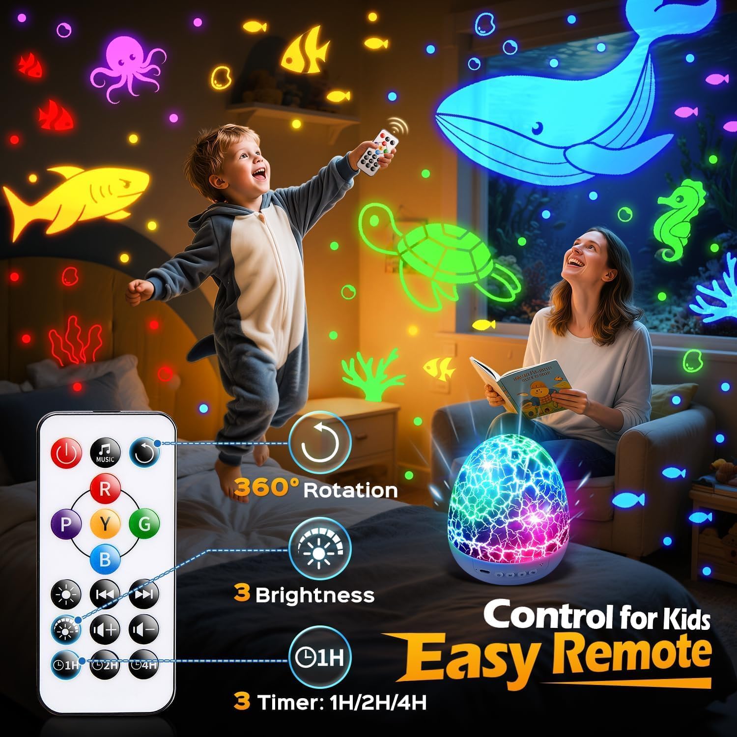 Excavator Construction Toy Projector, 15 Sounds & 6 Films Truck Night Light | Excavator Toys for 4 year old Boys, White Noise Dinosaur Egg Night Light for Kids Room Decor,31 Color Remote Timer Brightness