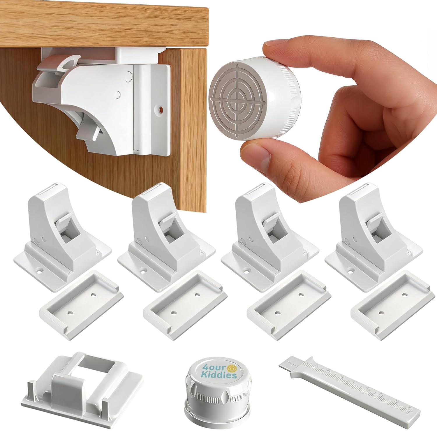 Magnetic Cabinet Locks 4 Locks + 1 Key, Baby Proofing Child Safety Locks for Cabinets, Cupboards and Drawers, Invisible No Drill Adhesive Design with Easy Installation Template & Screws, Starter Kit