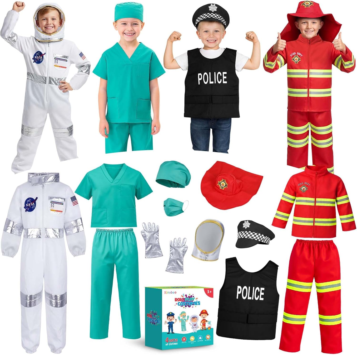 4 in 1 Toddler Dress Up Clothes 3-8 Year Career Dress Up Doctor Astronaut Police Vest Fireman Costume Kids Pretend Play Toys Christmas Birthday Gifts 3 4 5 6 7 year old Boy Toys Halloween Costumes