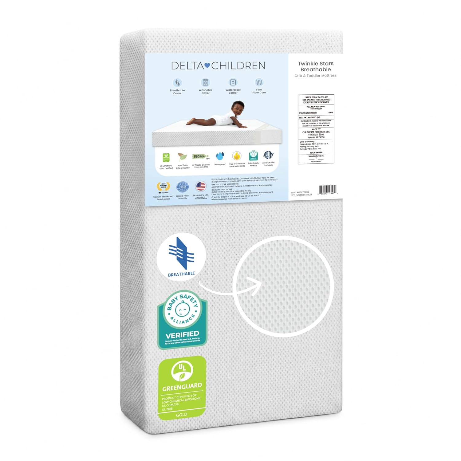 Delta Children Twinkle Stars Crib and Toddler Mattress with Breathable, Removable Machine-Washable Cover – GREENGUARD Gold – Waterproof Baby Bed – Sustainably Sourced Fiber Core – 52”Lx27.5”W, White