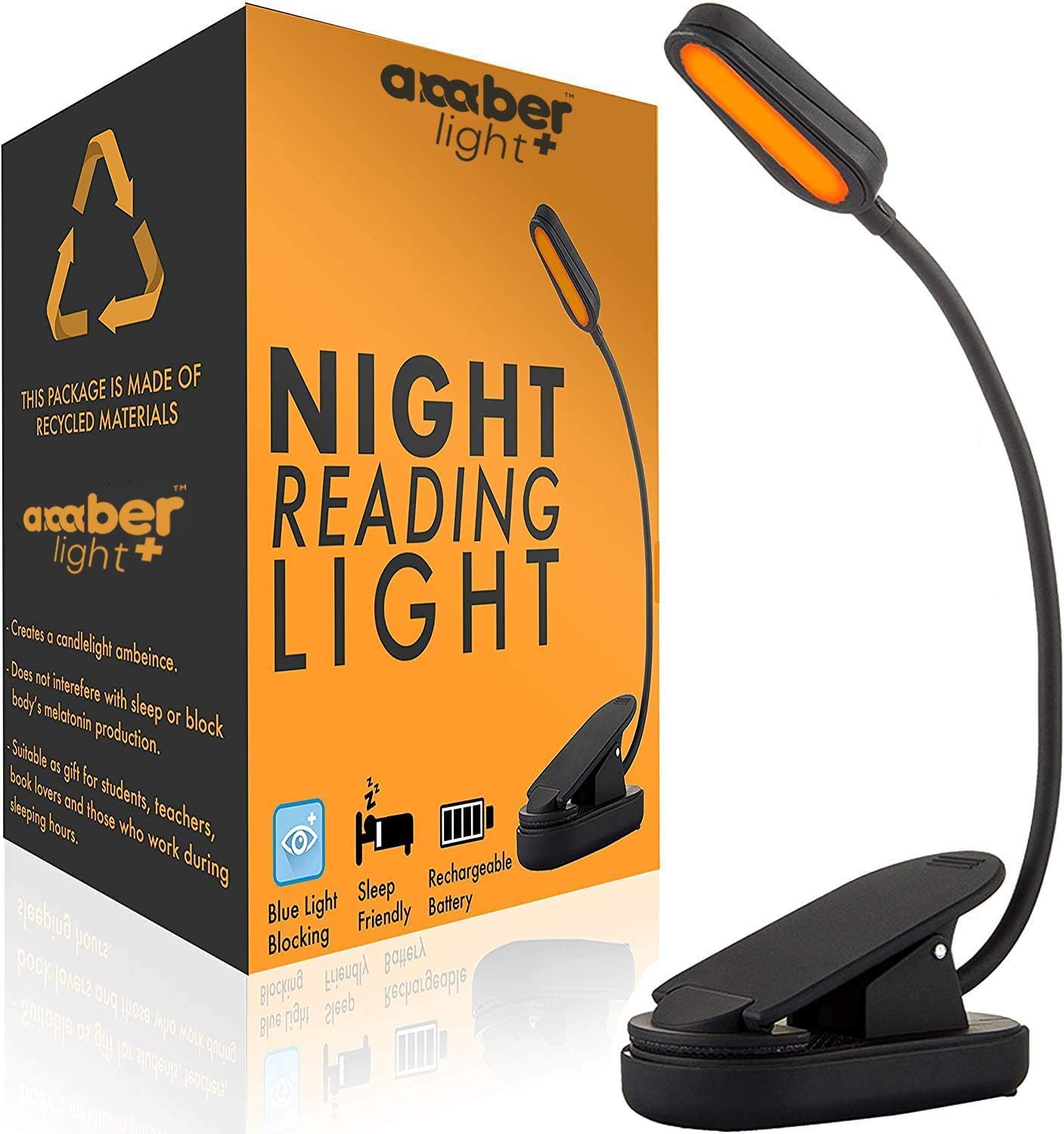 Giftable Amber Book Light – Blue Light Blocking – Night Reading Booklight Store. Rechargeable. 1600K for Reading in Bed at Night. Perfect as a Giftable Kindle Light and LED Book Light.