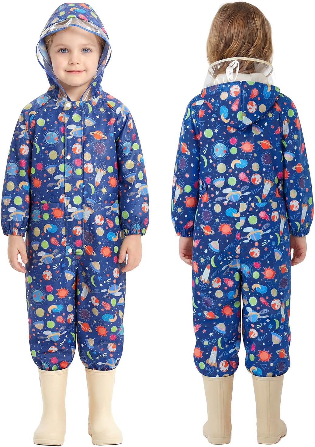 JiAmy Kids Rain Suit Toddler Hooded Rainsuit Poncho Full Body One Piece Coveralls Raincoat for Girls and Boys 1-7 Years