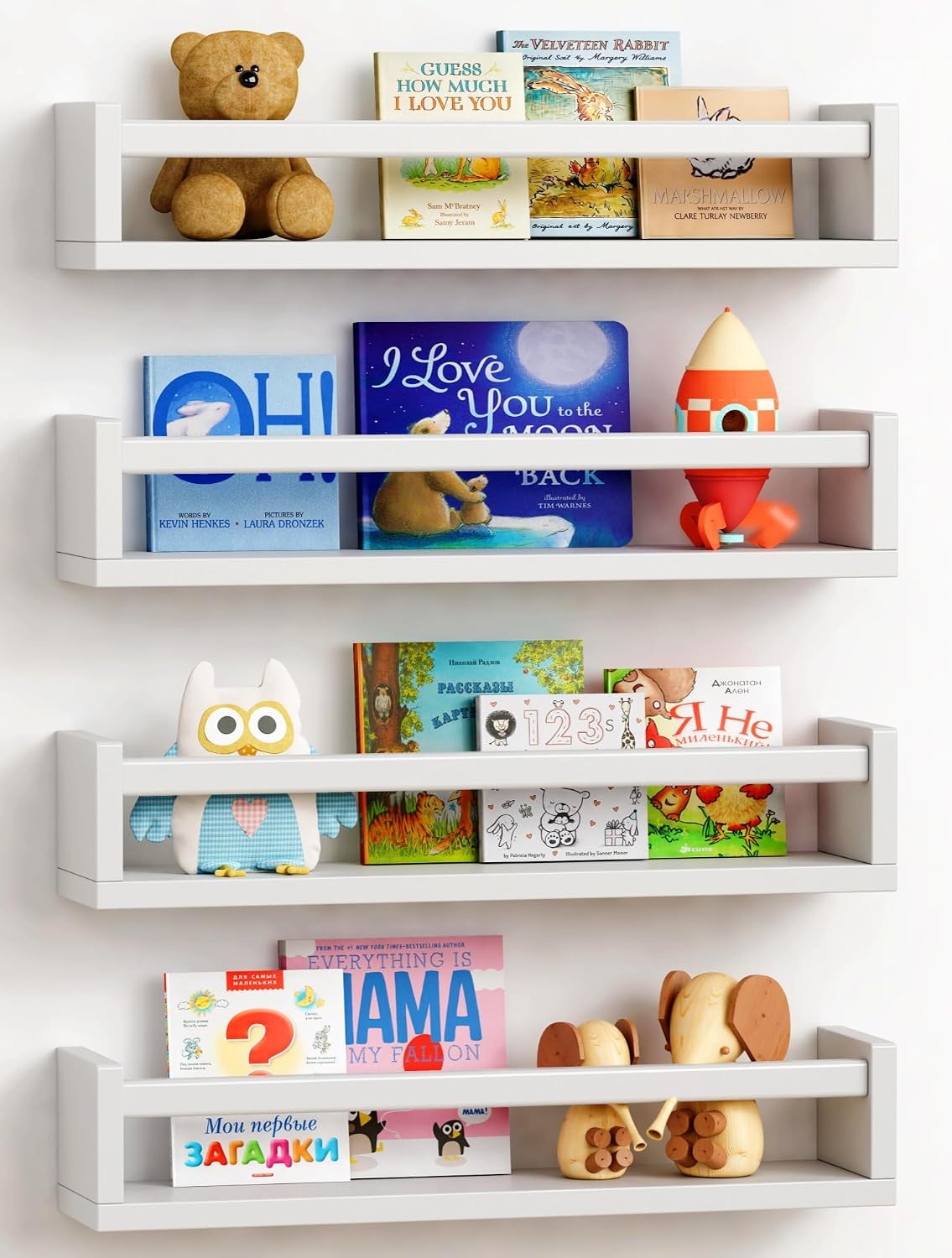 Forbena Floating Nursery Book Shelves for Wall Set of 4, Wall Bookshelf for Kids Room, White Wood Hanging Bookshelves Book Shelf for Baby Toddler Childrens Boy Girl Bedoom Toy and Decor Storage