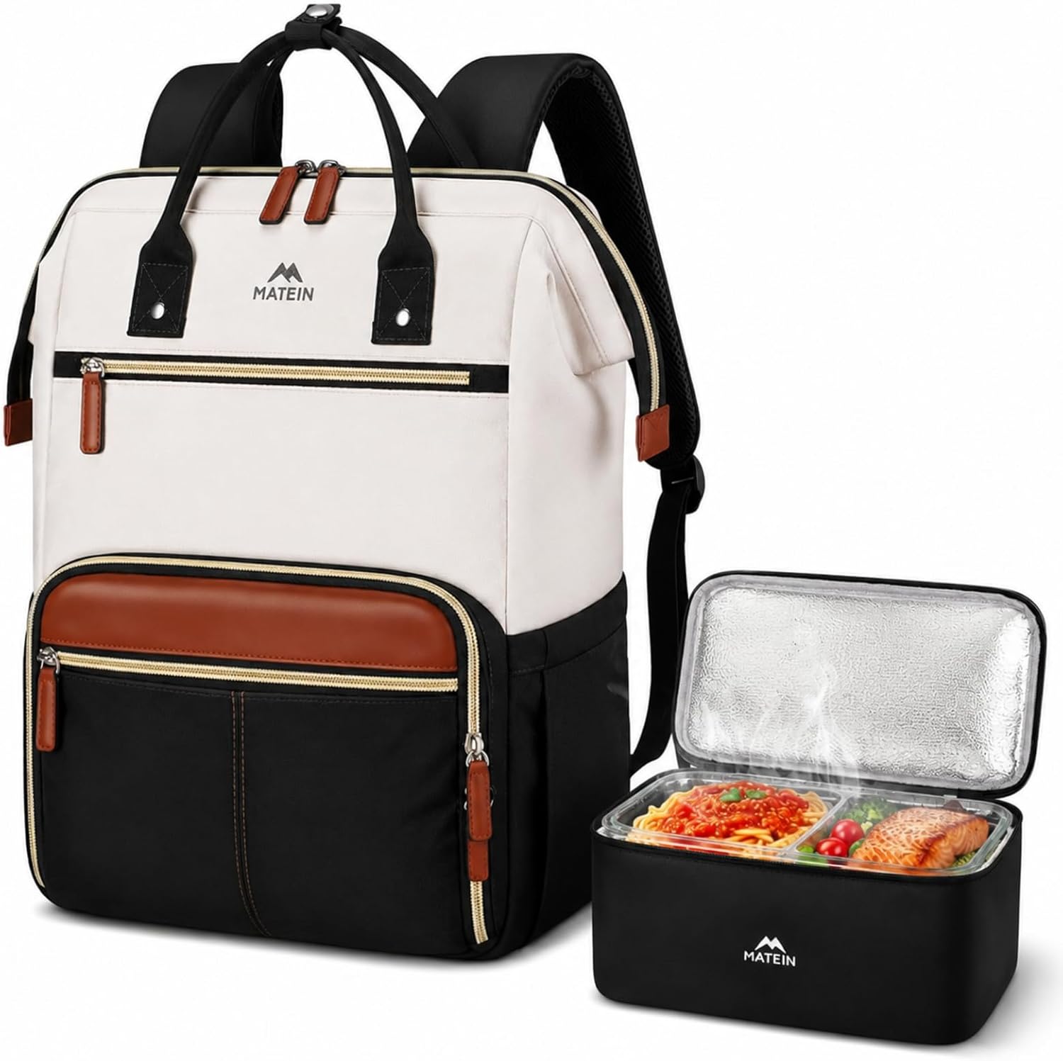MATEIN Laptop Backpack with Lunch Box Compartment, 15.6 Inch Lunch Backpack | Insulated Lunchbox Meal Prep Bag for Work College, Teacher Nurse Office Commute, Computer Bookbag for Women, 2Pcs Set
