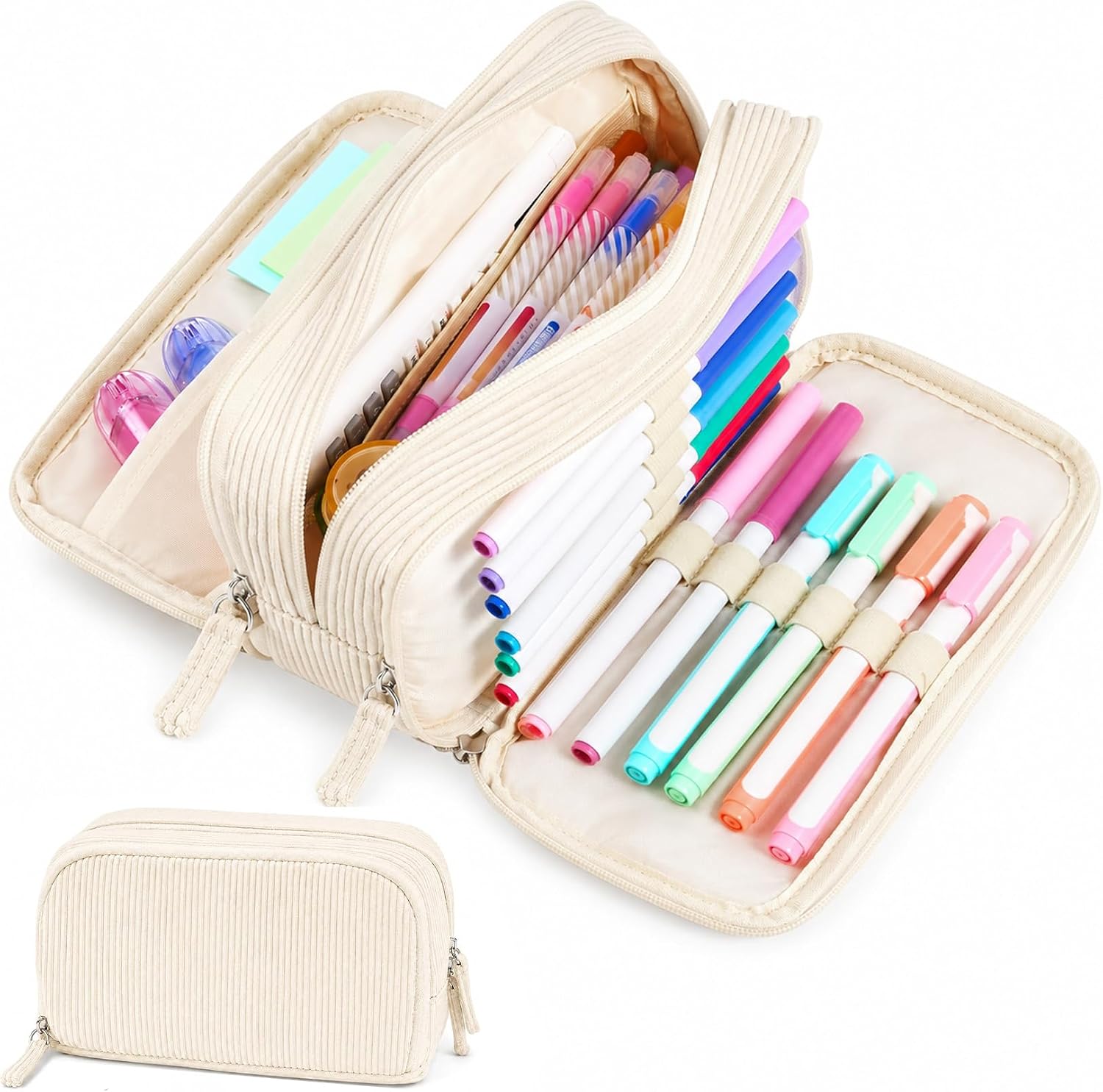 Sooez Big Capacity Pencil Case Pen Pouch, Soft Corduroy Pencil Bag | with 3 Compartment, Multiple Pockets, Sturdy Zipper, Cute School Supplies Pen Bag Organizer For Teen Girls College, Beige