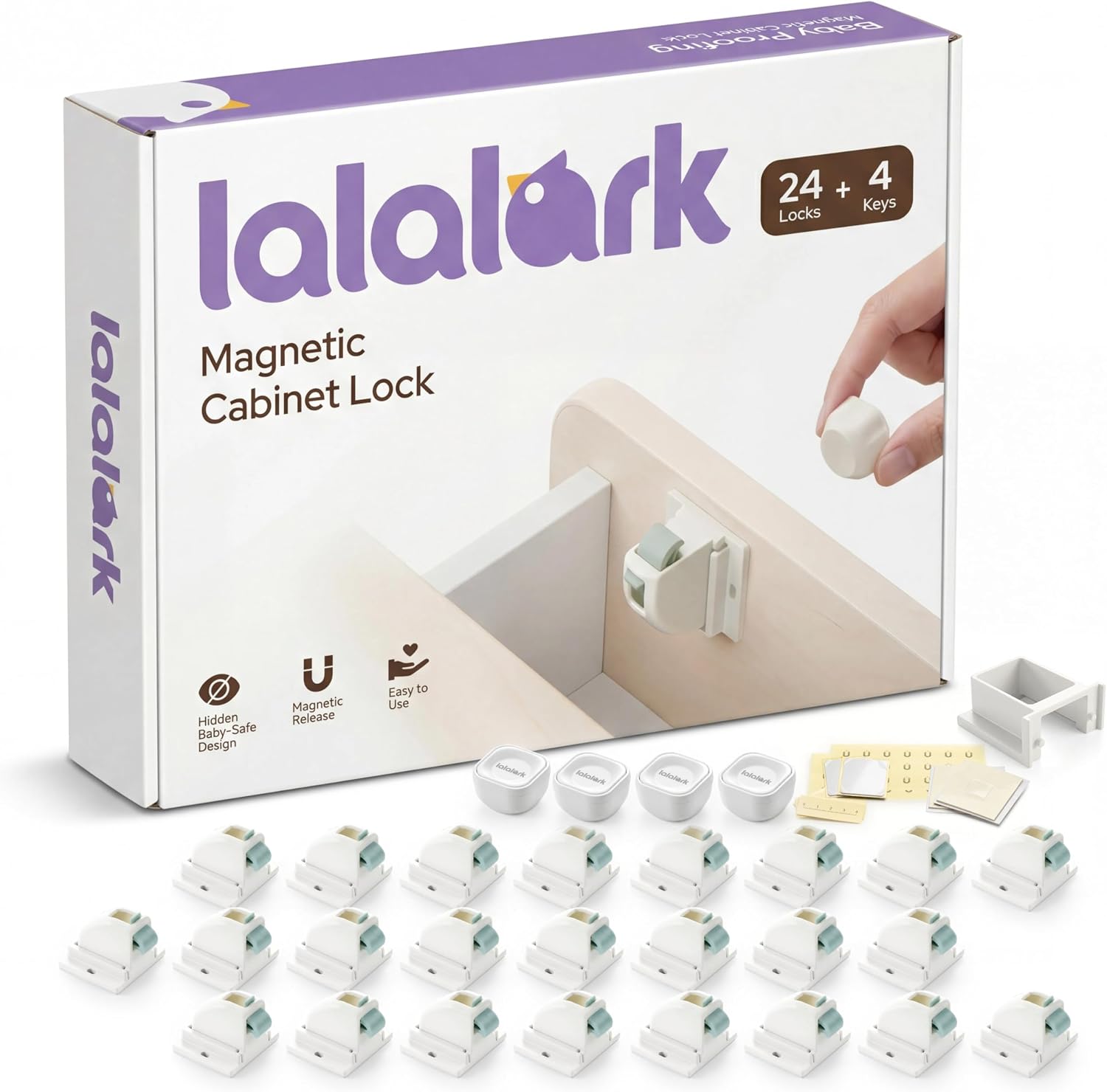 Magnetic Cabinet Locks Baby Proofing (24 Pack+4 Keys), Easy Installation Adhesive Child Proof Locks for Baby Safety, No Tools Child Safety Latches for Cabinets, Drawers, Doors