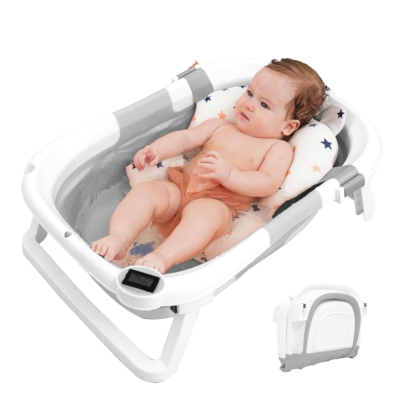 Collapsible Baby Bathtub, Baby Bath Tub with Soft Cushion & Thermometer, Alligator Baby Bathtub with Detachable Feet, Durable Infant Bathtub Applicable 0-24 Month, Gray