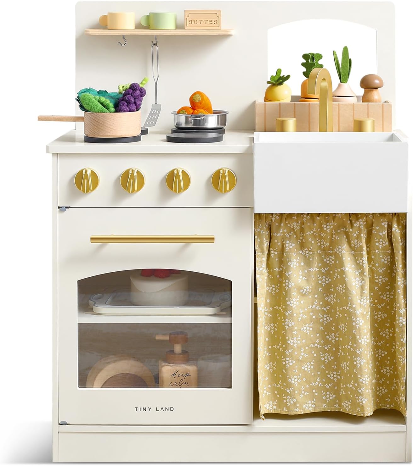 Tiny Land Wooden Play Kitchen for Toddlers, Compact Cream Pretend Play Set | Cutting Food & Stainless Steel Cookware, Oven, Stove, Sink, Clicking Knobs, Storage Shelf, Gift for Girls & Boys Ages 3+