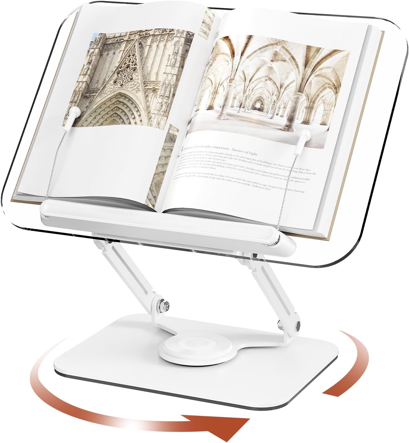 BYMECOST Acrylic Book Stand for Reading, Adjustable Book Holder, White | Foldable Desktop Riser Stand with 360° Rotating Base & Elastic Page Clips, for Cookbook,Laptop,Tablet,Music Scores,Textbook