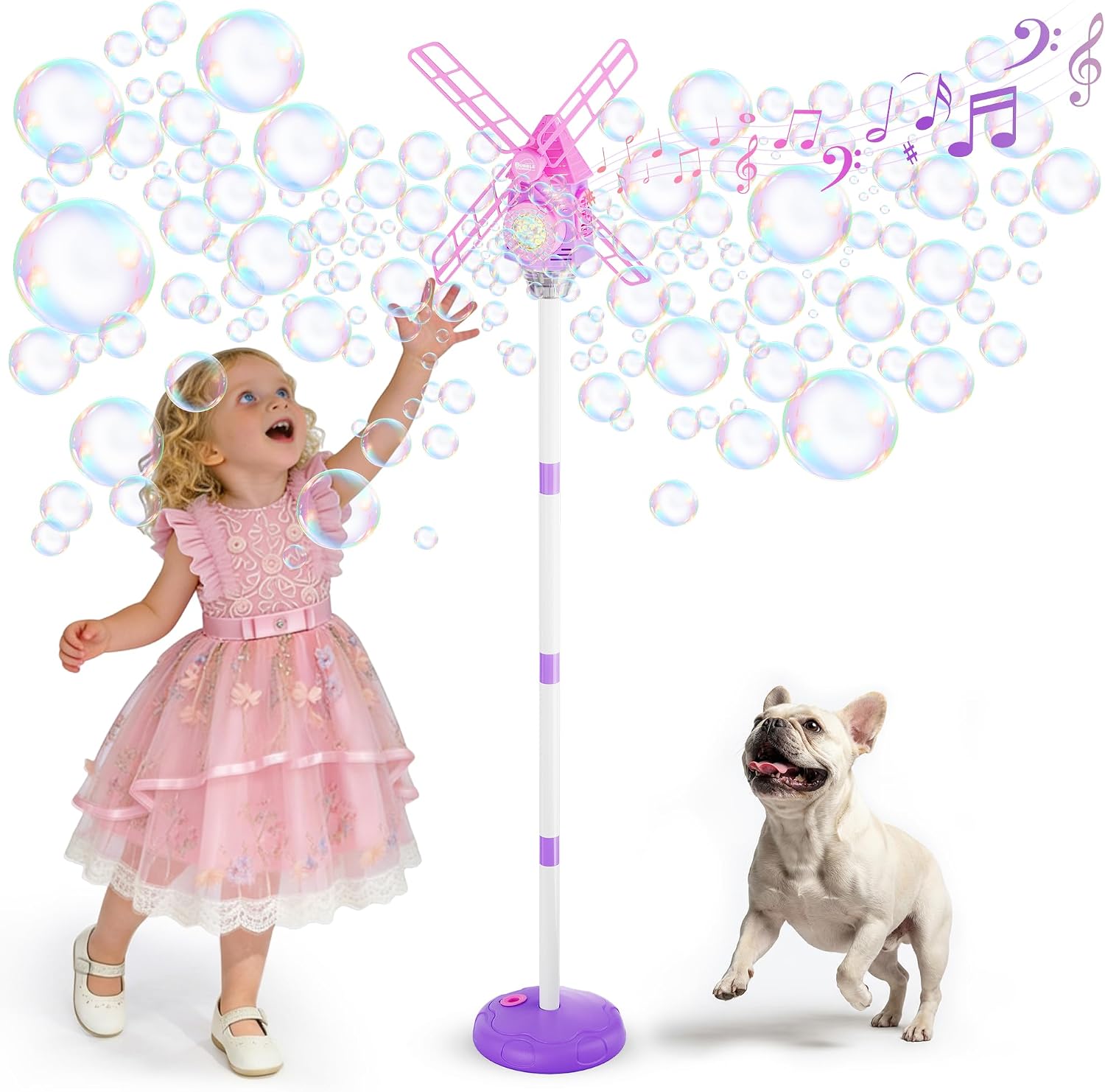 Belemar Windmill Bubble Machine for Kids, Summer Pool Party Bubble Blower with Lights & Music, 51″ Adjustable Height, 130ml Tank, Bubble Solution Included, Outdoor Toy for Parties & Birthdays