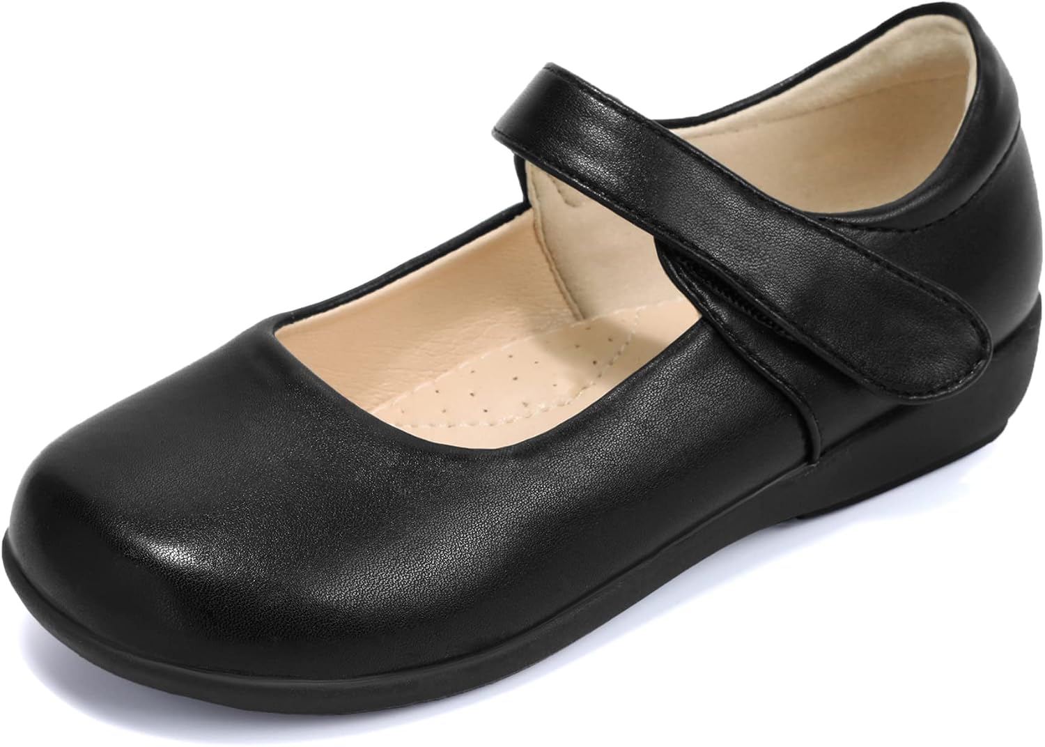 PANDANINJIA Girls Mary Jane School Uniform Flats Dress Shoes | Toddler/Little Kid/Big Kid, Roomy Round Toe, Breathable Insoles, Non-Slip Outsole, Hook and Loop, Arch Support, Daily Wear