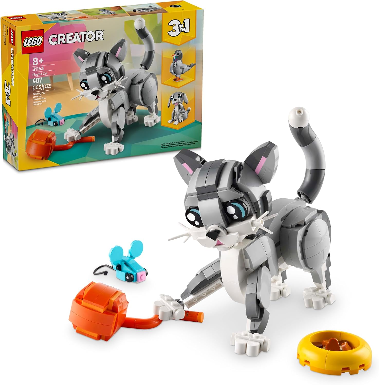LEGO Creator 3 in 1 Playful Cat Toy – Building Toy with 3 Building Options, Cat, Dog, or Pigeon – Birthday Gift for Kids – Animal Figures for Kids, Girls and Boys, Ages 8+ – 31163