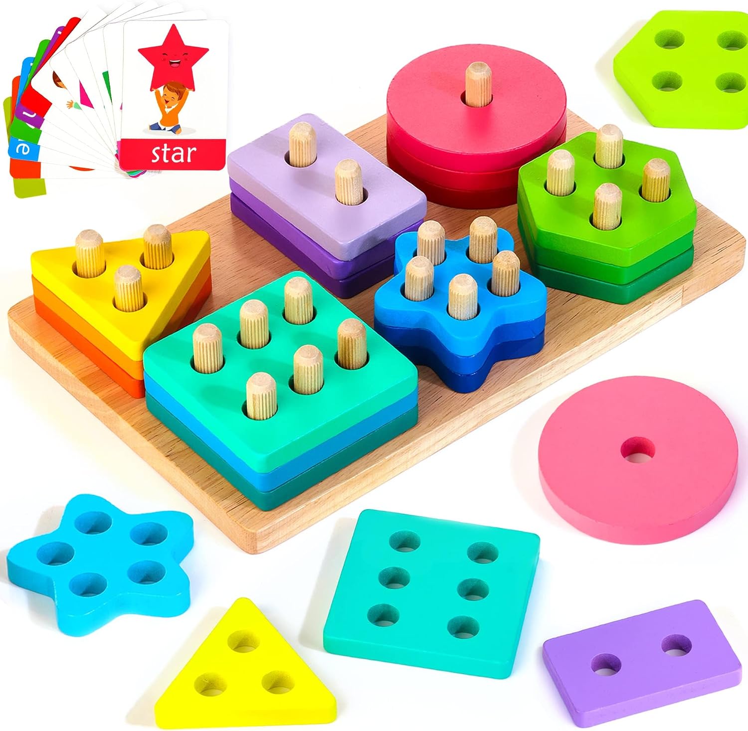 Wooden Sorting & Stacking Toys, Montessori Toys for 1 2 3 Years Old Toddlers, Shape Sorter Puzzles with 24-Piece Large Geometric Blocks & 12 Word Cards, Gift for 12+ Months Baby Boys Girls