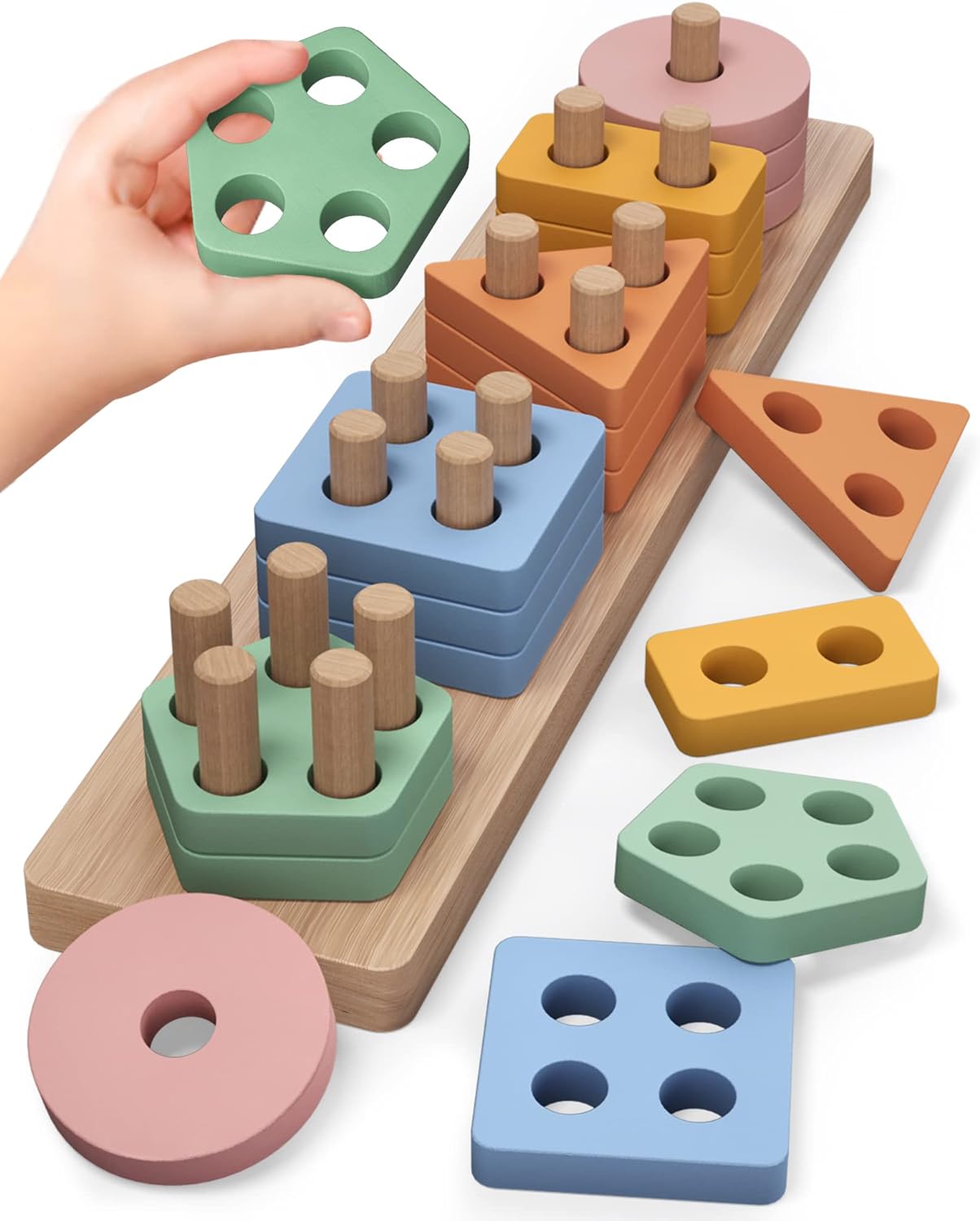 Montessori Toys for 1 2 Year Old Boy Girl, Toddler Toys Wooden Shape Sorter | Birthday Gifts for Age 12-18 Month, Baby Sorting Stacking Toys Color Stack Blocks Puzzles, Preschool Kids Learning Toys Game