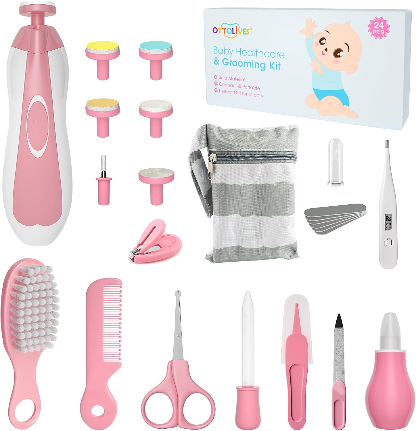 Baby Grooming Kit with Electric Nail Trimmer, 0-3 Years+, Pink | 24 in 1 Baby Grooming and Health Care Kit for Newborns, Infants, Toddlers, Baby Boys Girls Kids Haircut Tools