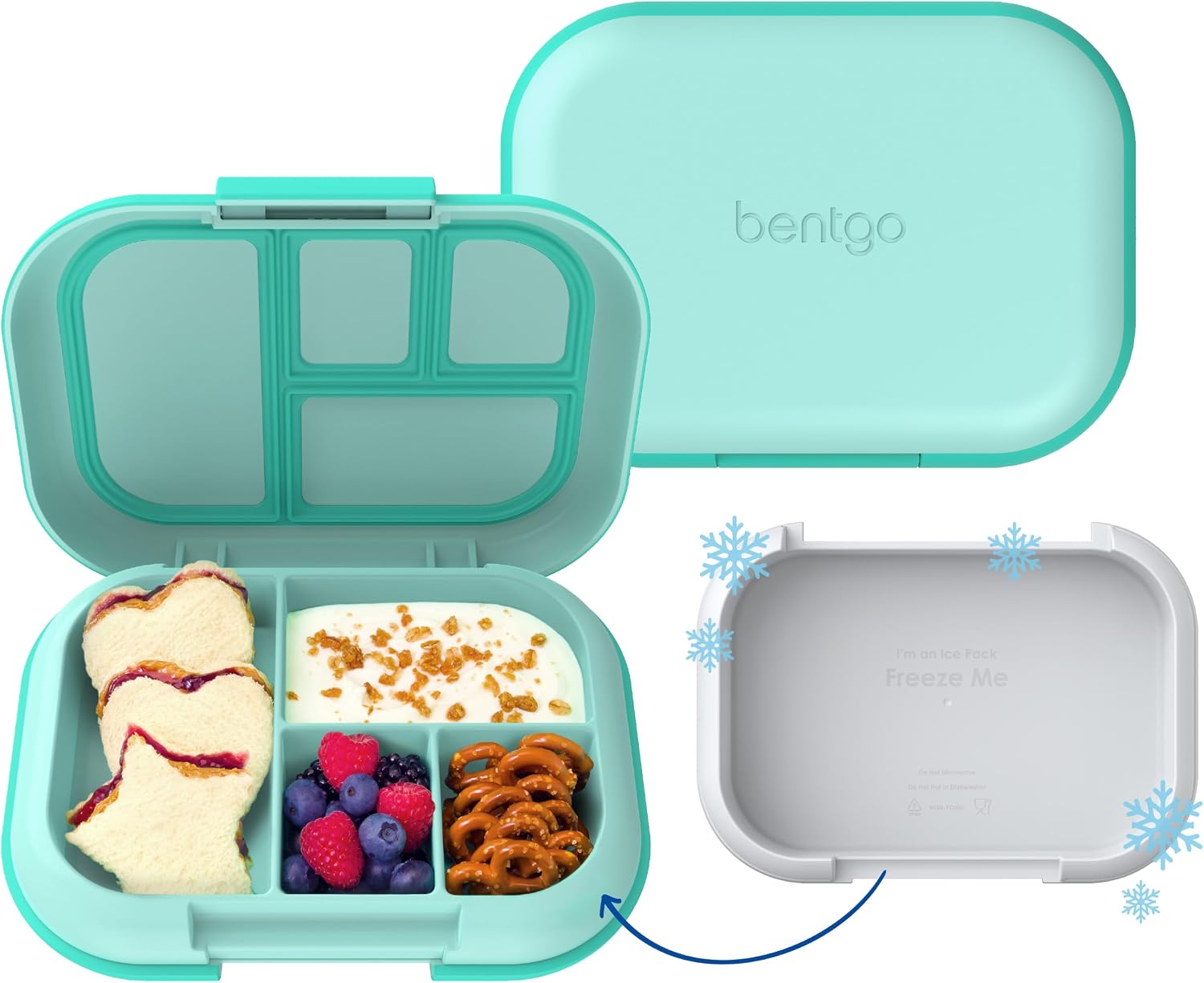 Bentgo Chill Kids 4-Compartment Bento Box Leakproof Lunch Box | Built-In Ice Pack, 3.3 Cup Capacity, BPA-Free, Microwave & Dishwasher Safe Tray, Ideal for Ages 3–7 (Aqua)