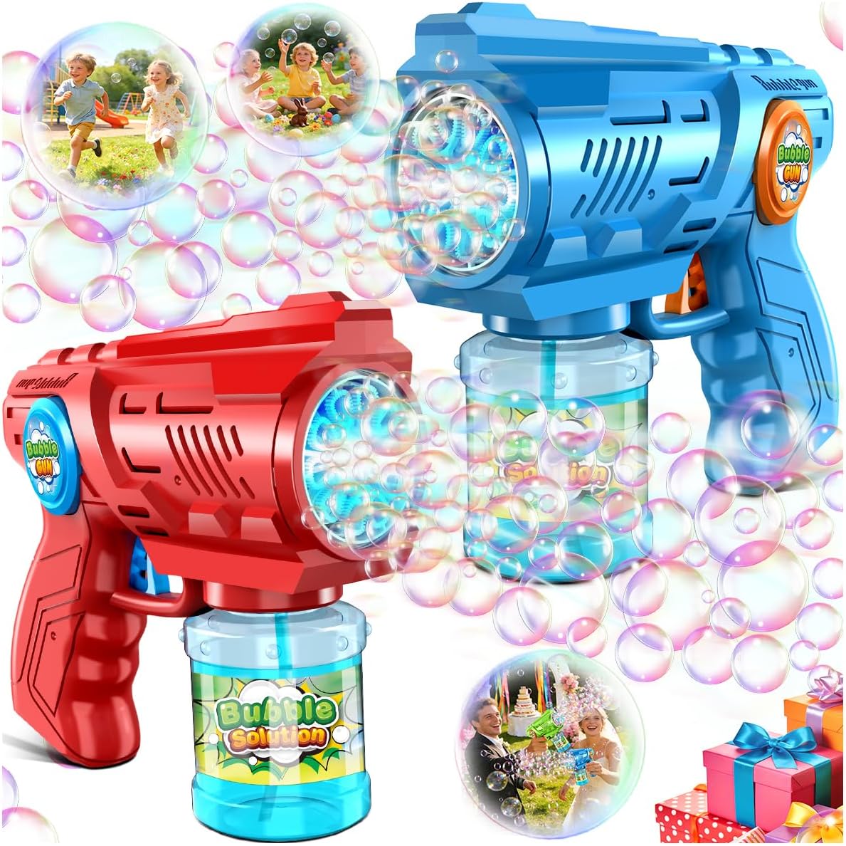 Lightweight Automatic Bubble Gun: 2 Pack Bubble Blaster for Kids 4-8 with Bubble Solution & LED Light – 15000+ Bubbles Per Minute Easy for Kids to Hold – Great Party Outdoor Toy
