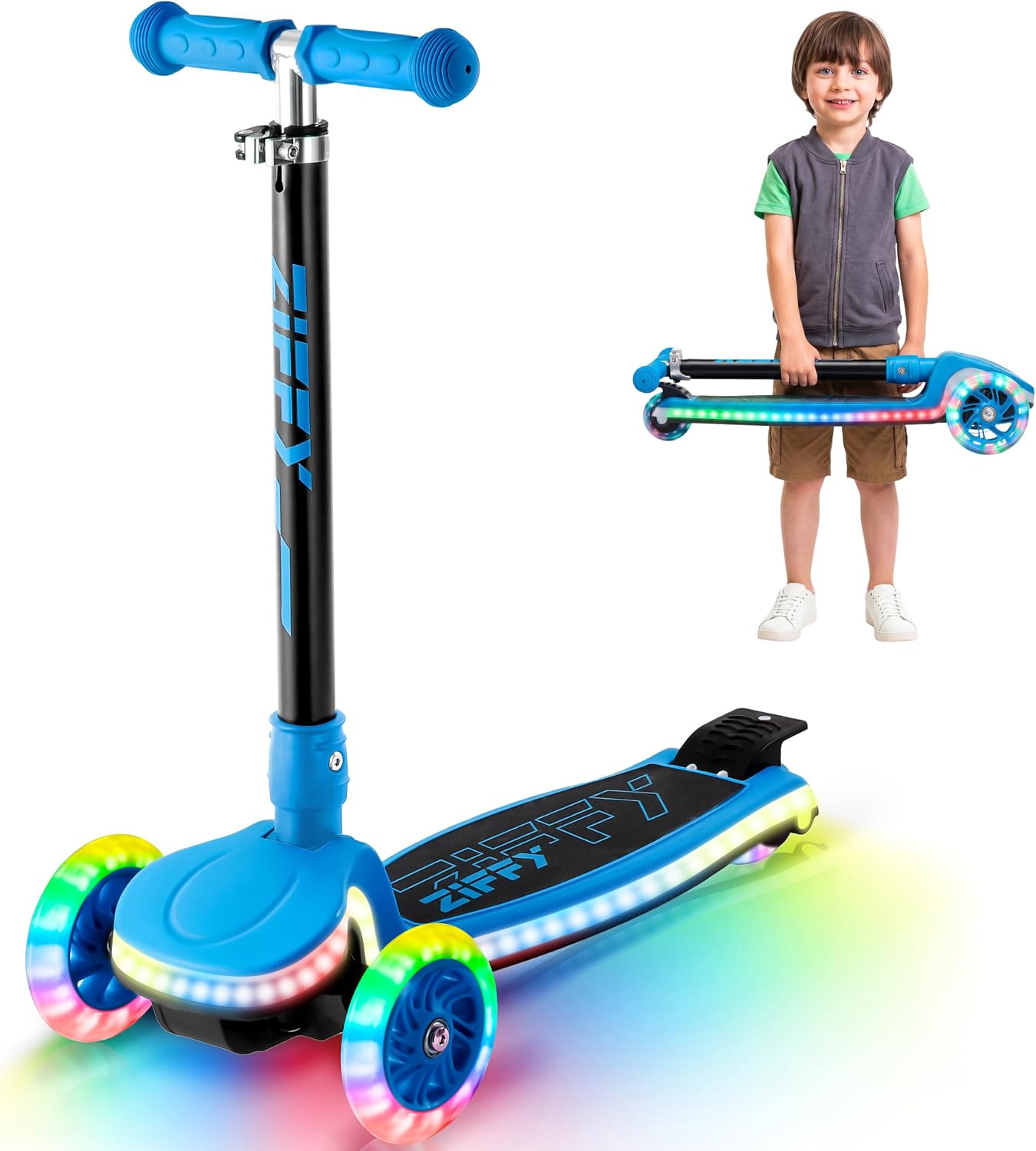 JOVA ZIFFY Light-Up Scooters for Kids 3-8, 3 Wheel Kids Scooter for Boy Girl 110lbs, 20 Dynamic LED Lights, 4 Adjustable Height Ride-on Kick Scooter, Lean-to-Steer Anti-Slip Wide Deck