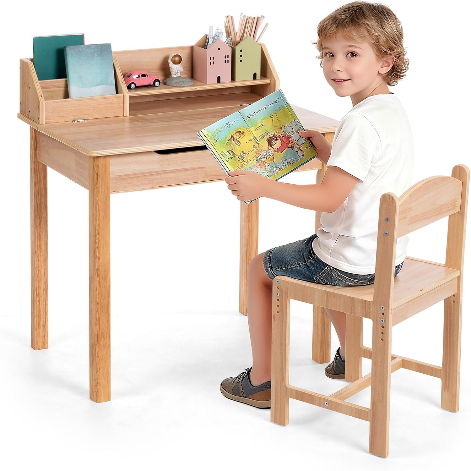 UNICOO® Wood Kids Desk and Chair Set, Height Adjustable Children Study Desk with Flip-Top Storage, Book Rack and Hutch, Wooden Writing Table for Reading, Drawing and Homework
