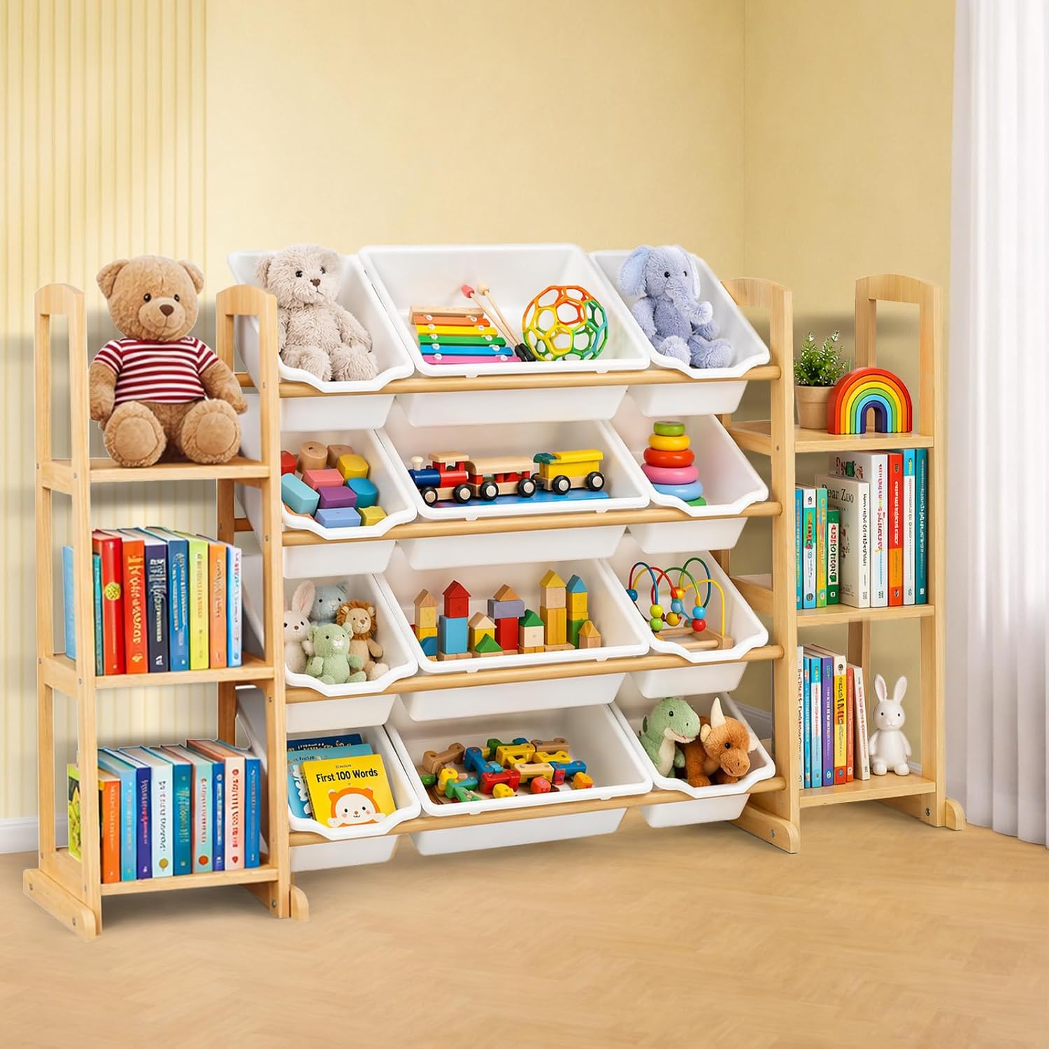 Toy Storage Organizer with Bookshelf – Wooden Toy Organizer with 12 Toy Bins & 6 Tier Bookcase,Quick Assembly Kids Bookshelf,Toy Bin for Playroom, Bedroom, Nursery– White