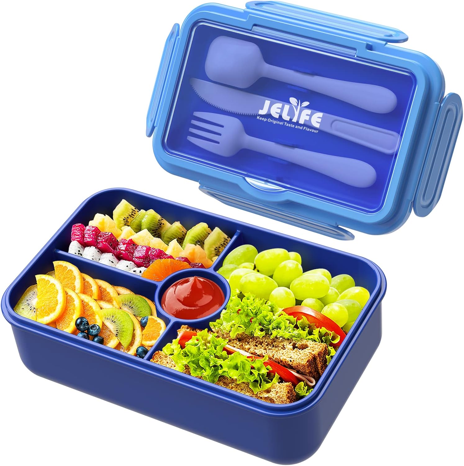 Bento Lunch Box for Kids – Leakproof Large Bento-Style with 4 Compartments Portions Lunchbox with Tableware Back to School, Reusable On-the-Go Meal and Snack Packing, Blue