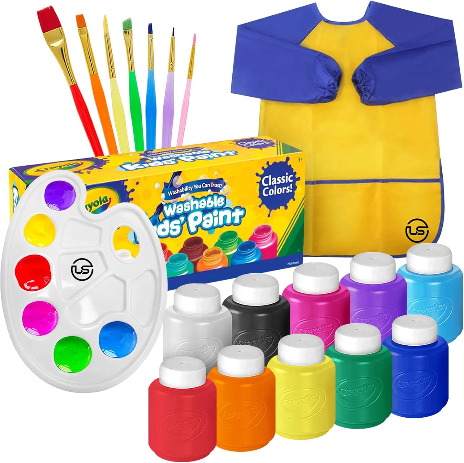 Kids Painting Set, Washable Paint for Toddlers 10 Colors, Art Gift Bundle | Includes 10 Tempera Paints (2 oz Each), 7 Paintbrushes, Paint Palette, Art Smock, Features Non-Toxic, Low-Odor